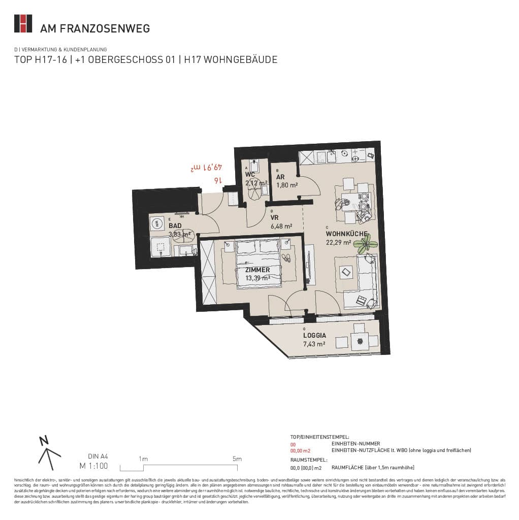 Grundriss Top H17/16 — Am Franzosenweg — 2 Zimmer — 49,9 m² — 1st floor