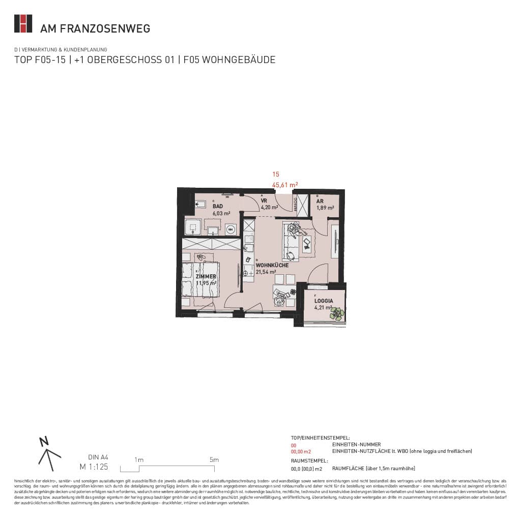 Grundriss Top F05/15 — Am Franzosenweg — 2 Zimmer — 45,6 m² — 1st floor