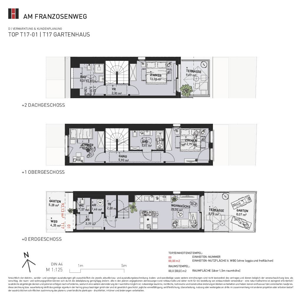 Grundriss Top T17/01 — Am Franzosenweg — 4 Zimmer — 92,1 m² — Ground floor / 1st floor / 1st attic floor