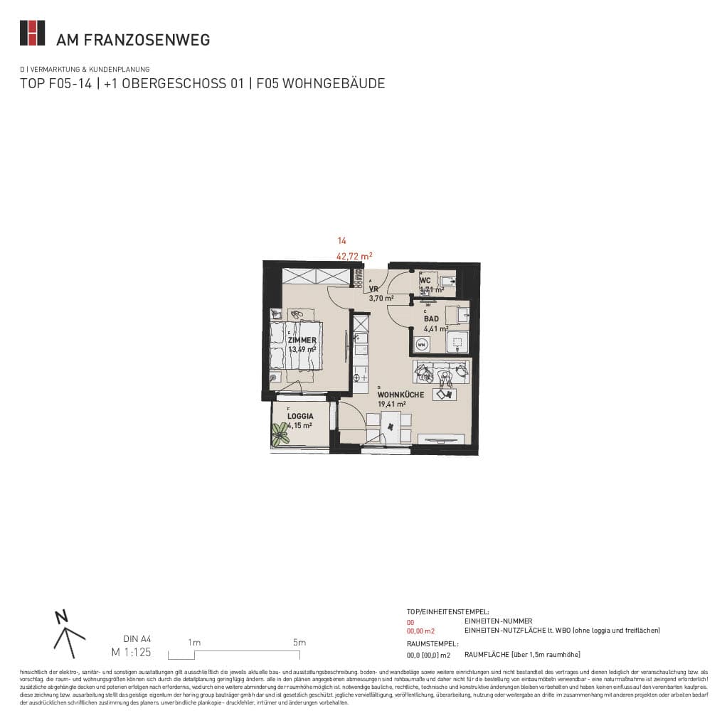 Grundriss Top F05/14 — Am Franzosenweg — 2 Zimmer — 42,7 m² — 1st floor