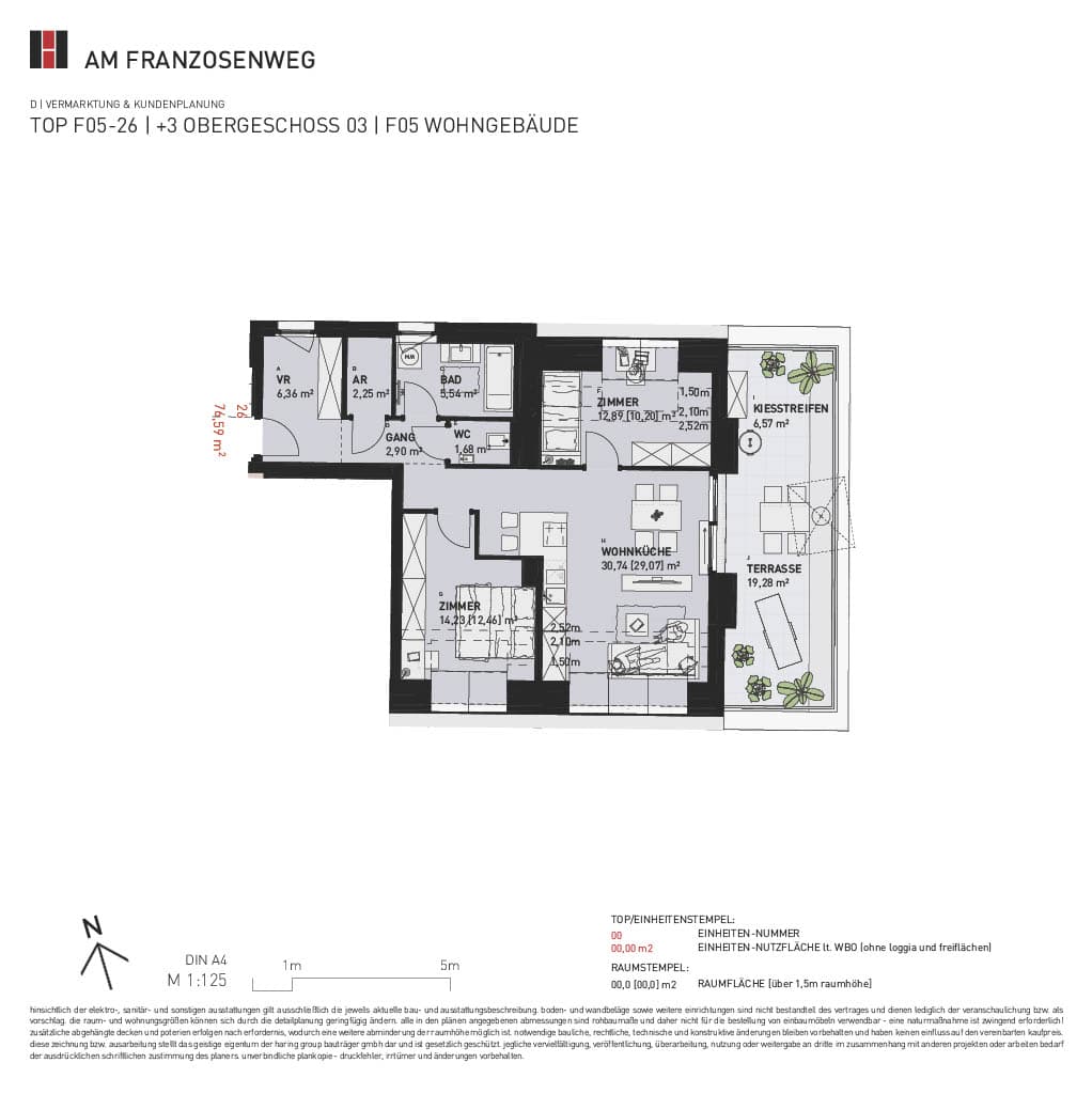Grundriss Top F05/26 — Am Franzosenweg — 3 Zimmer — 76,6 m² — 2nd attic floor
