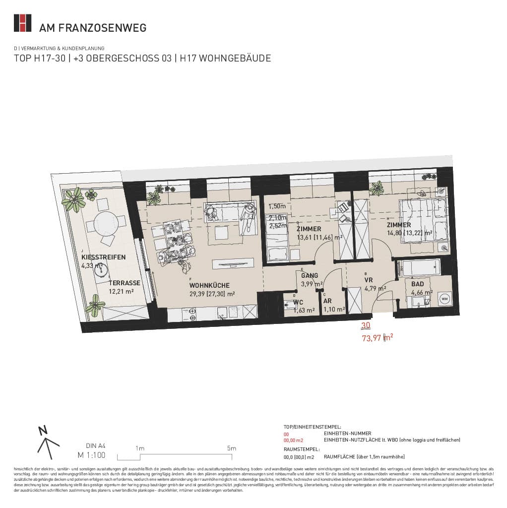 Grundriss Top H17/30 — Am Franzosenweg — 3 Zimmer — 74 m² — 2nd attic floor