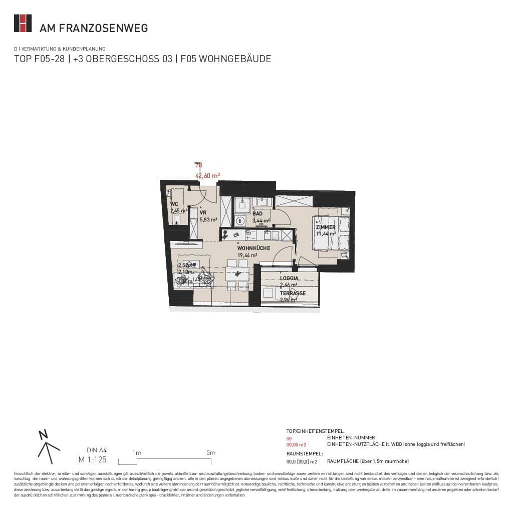 Grundriss Top F05/28 — Am Franzosenweg — 2 Zimmer — 42,6 m² — 2nd attic floor