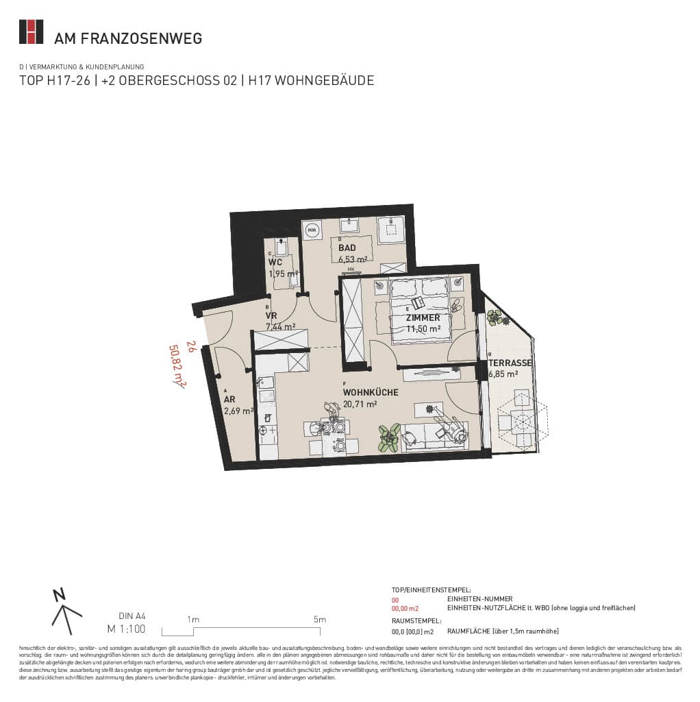 Grundriss Top H17/26 — Am Franzosenweg — 2 Zimmer — 50,8 m² — 1st attic floor