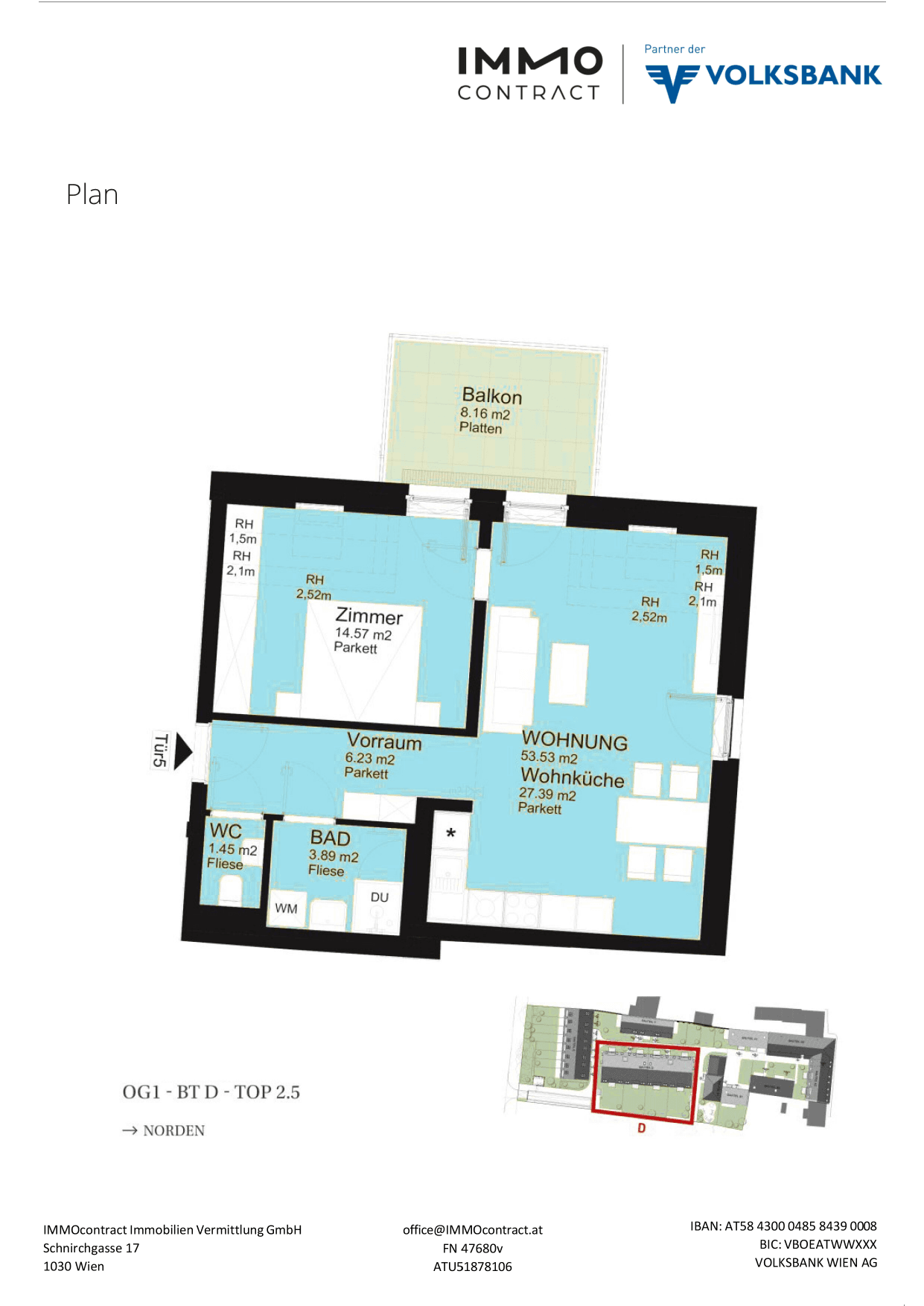 Grundriss Top 16469677 — Am Liesingbach — 2 Zimmer — 53,5 m² — 1st attic floor
