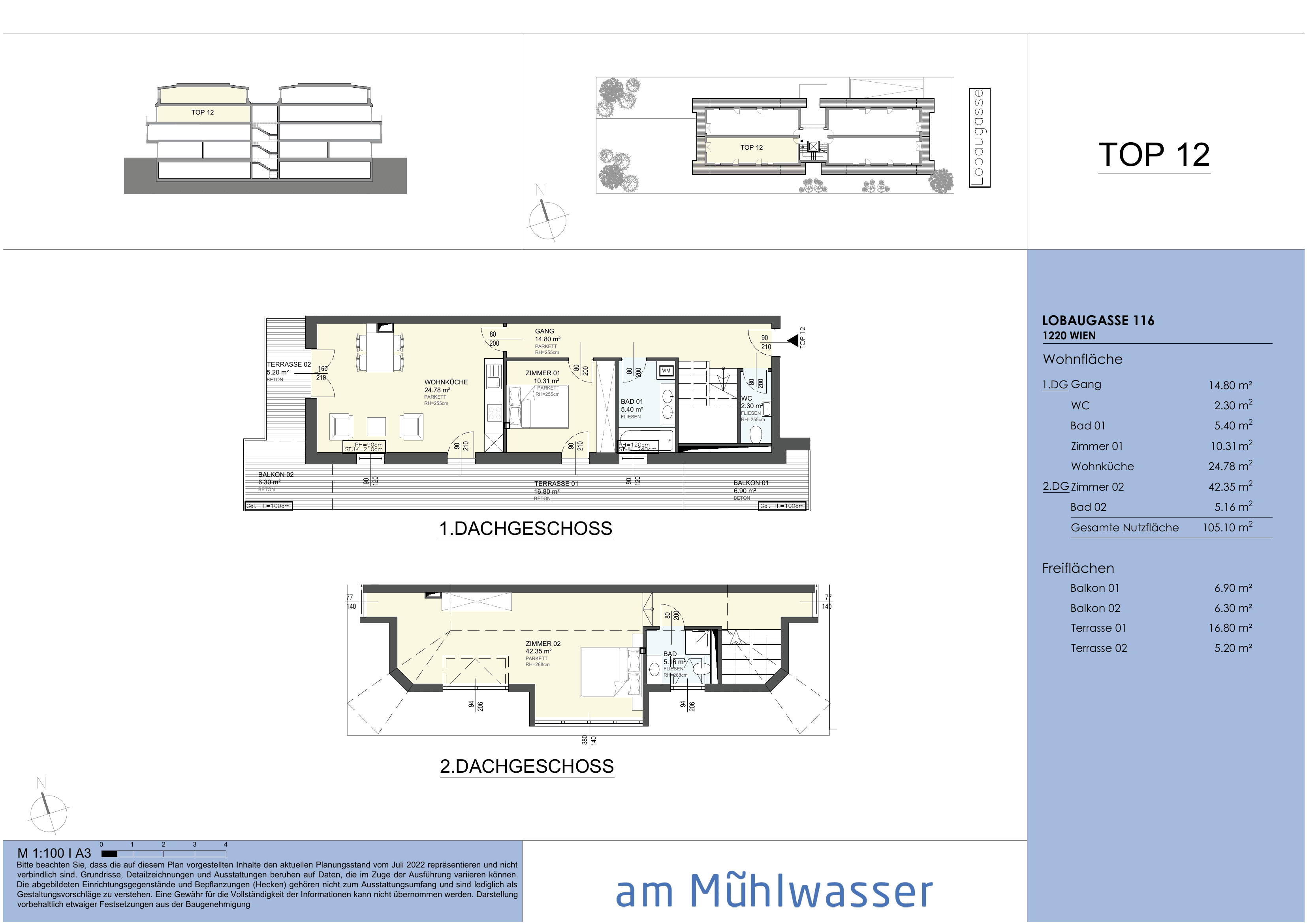 Grundriss Top 12 — Am Mühlwasser — 3 Zimmer — 105,1 m² — 1st attic floor / 2nd attic floor