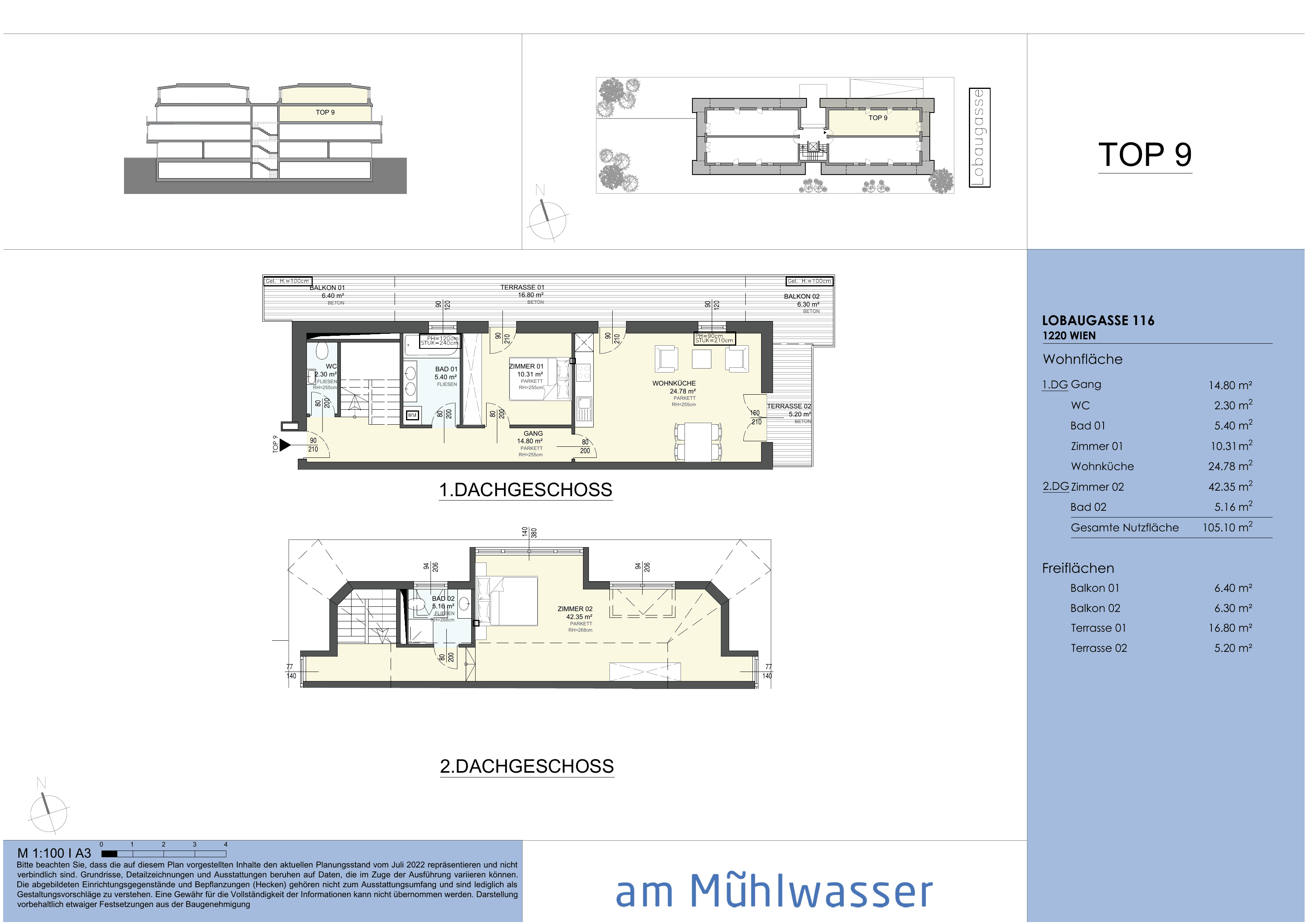 Grundriss Top 9 — Am Mühlwasser — 3 Zimmer — 105,1 m² — 1st attic floor / 2nd attic floor