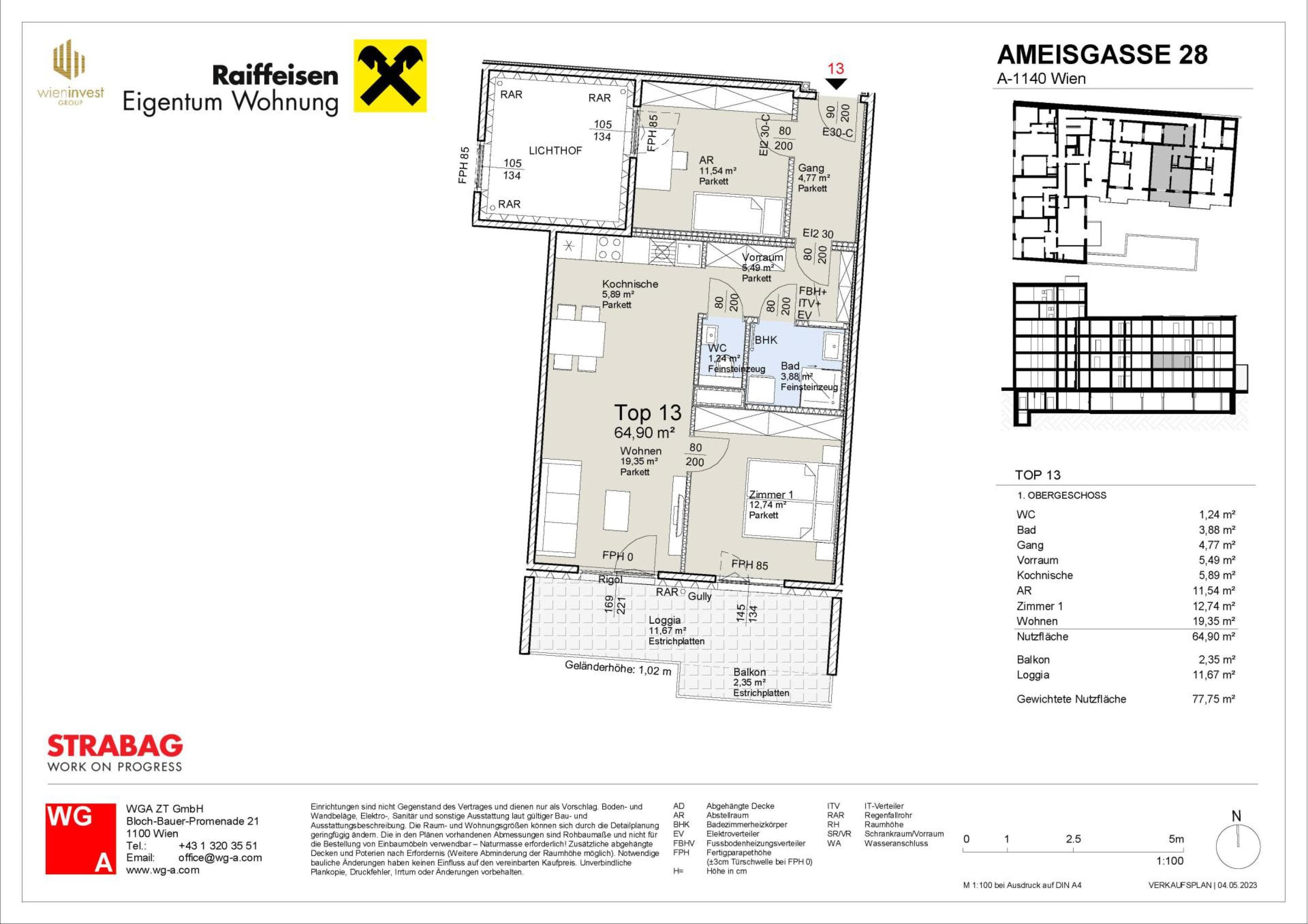 Grundriss Top 13 — Ameisgasse 28 — 3 Zimmer — 64,9 m² — 1st floor — FREI