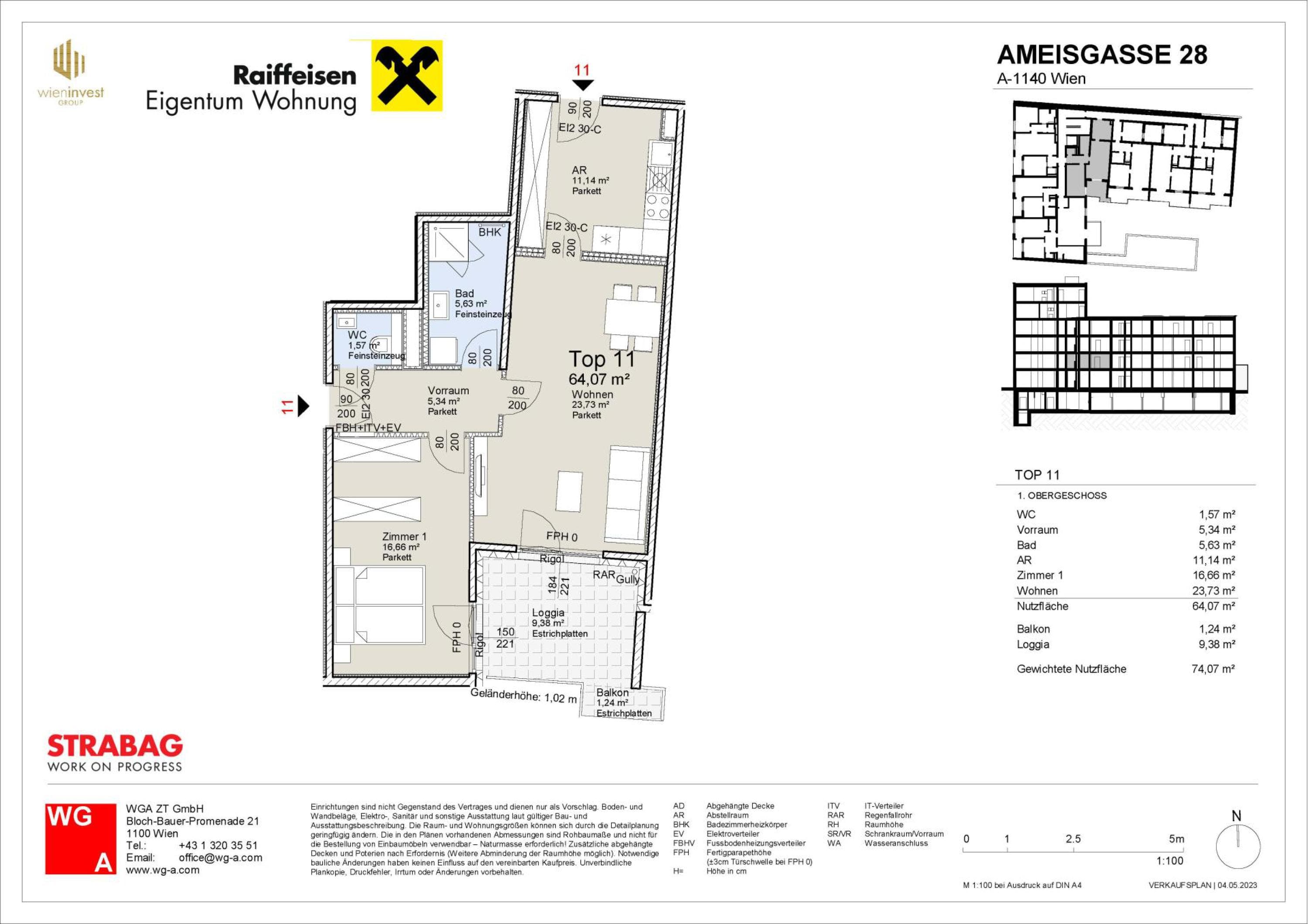 Grundriss Top 11 — Ameisgasse 28 — 3 Zimmer — 64,1 m² — 1st floor — FREI