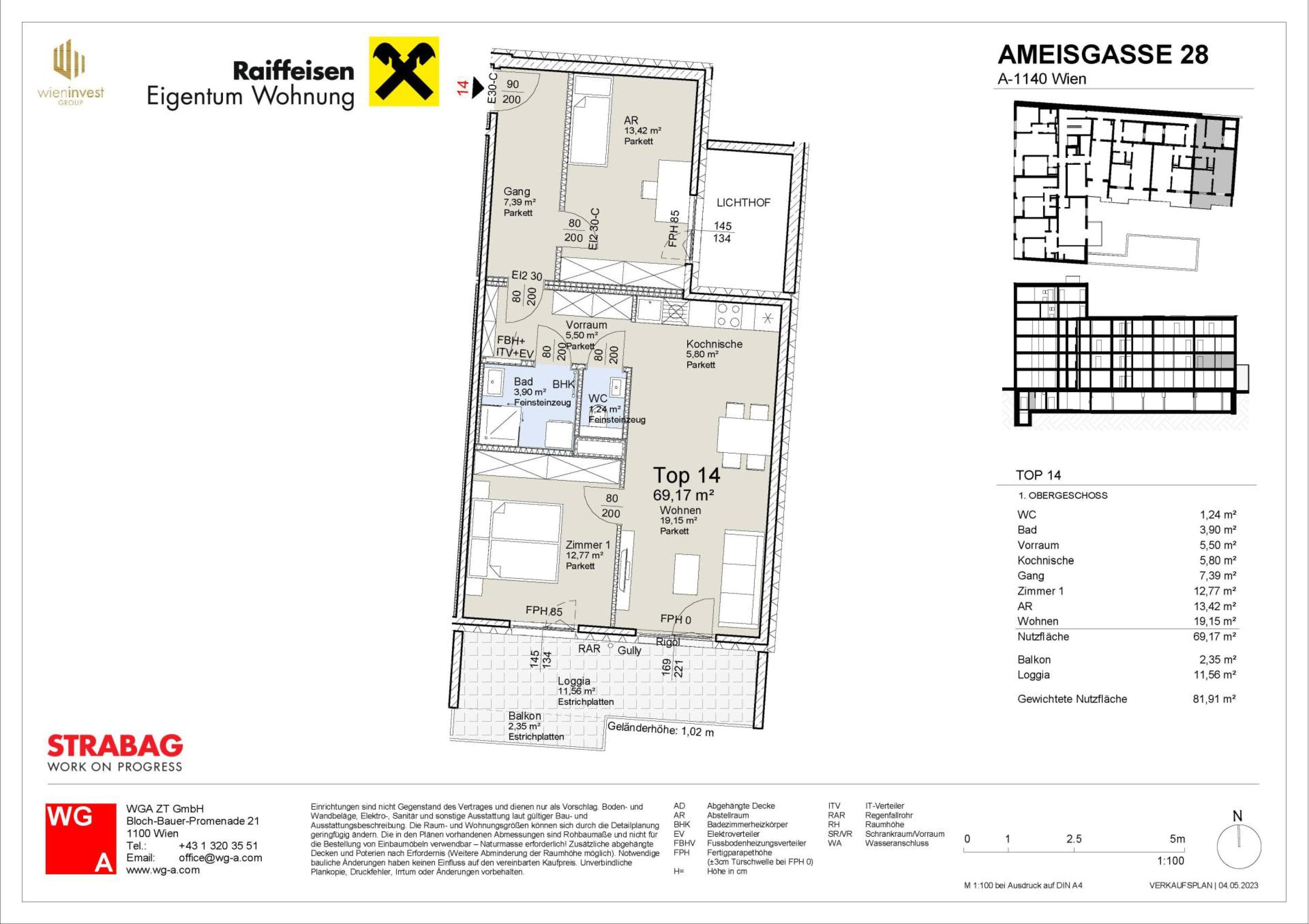 Grundriss Top 14 — Ameisgasse 28 — 2 Zimmer — 69,2 m² — 1st floor — FREI