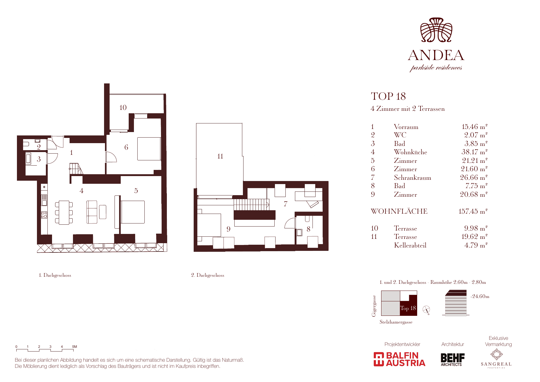 Grundriss Top 18 — ANDEA Parkside Residences — 4 Zimmer — 157,5 m² — 1st attic floor / 2nd attic floor