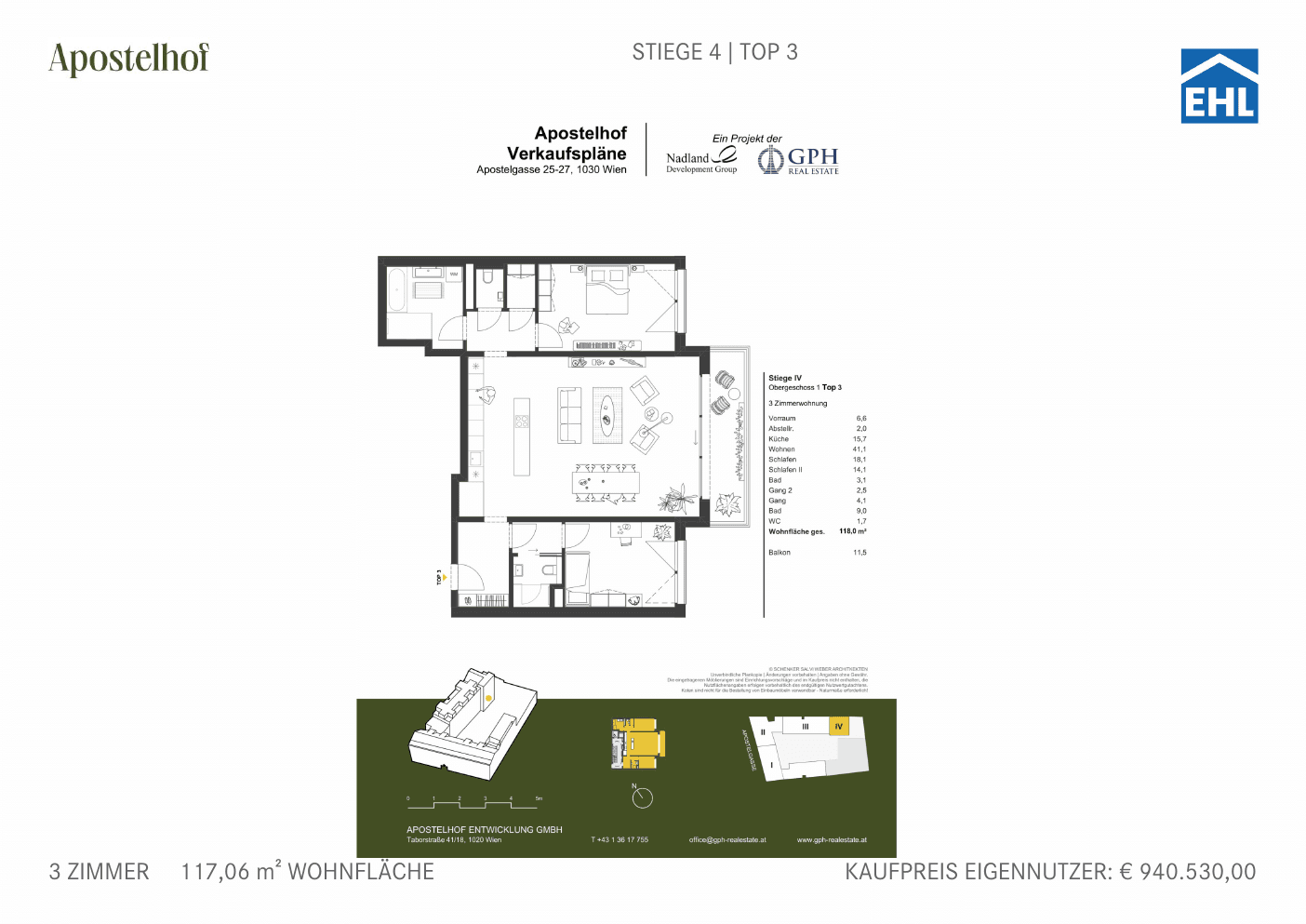 Grundriss Stiege 4 Top 3 — Apostelhof — 3 Zimmer — 117,1 m² — 1st floor