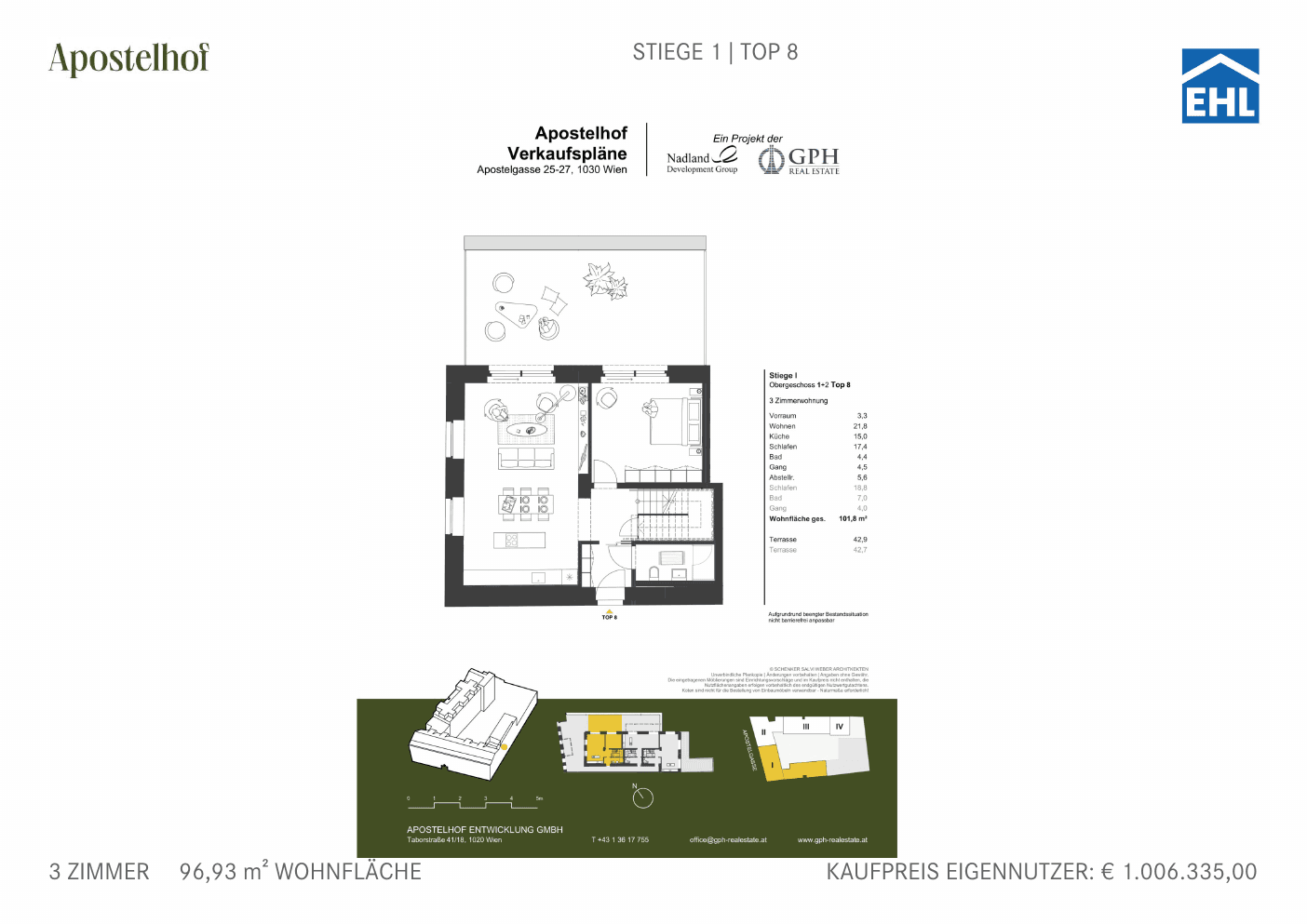 Grundriss Stiege 1 Top 8 — Apostelhof — 3 Zimmer — 96,9 m² — 2nd floor