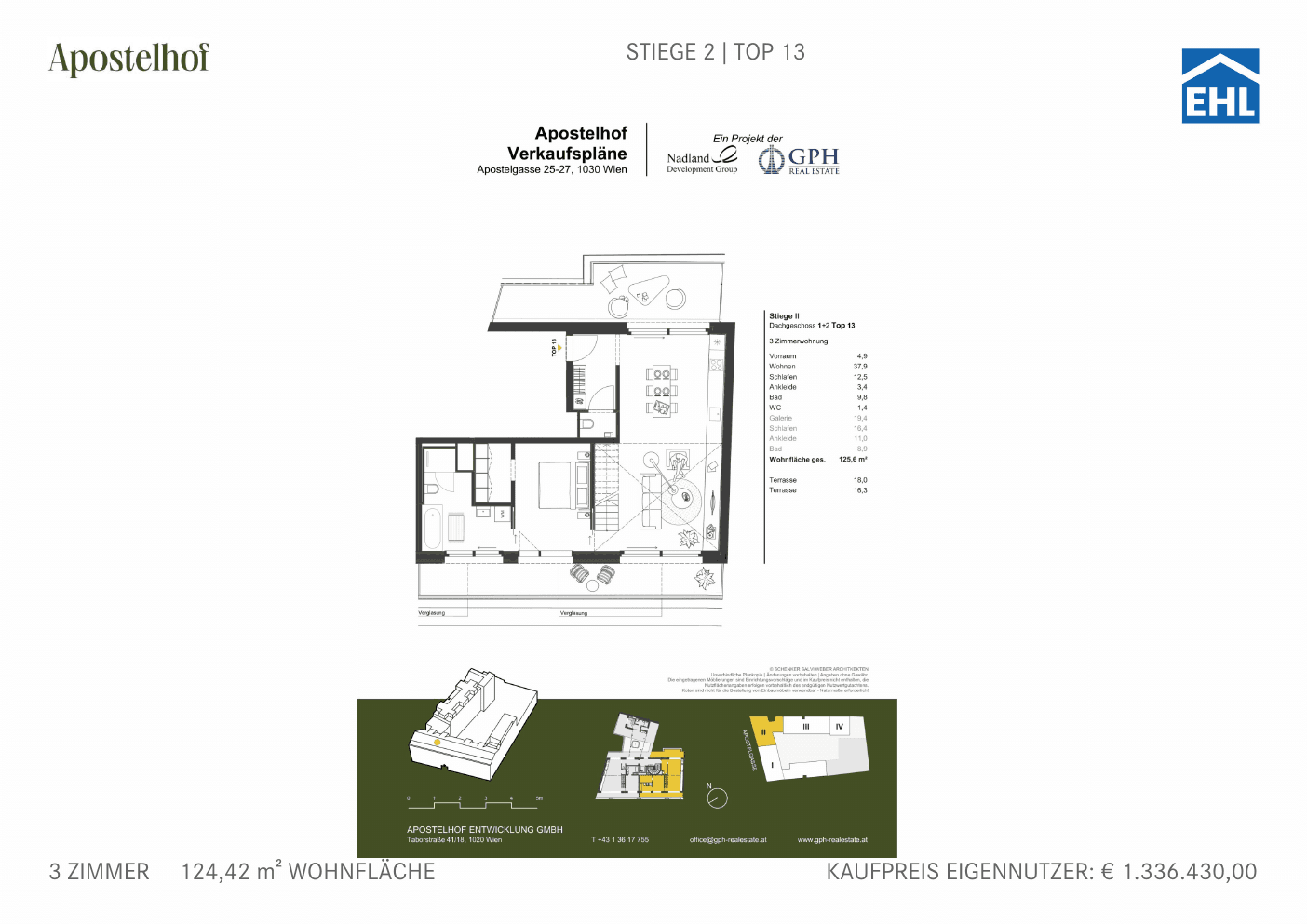 Grundriss Stiege 2 Top 13 — Apostelhof — 3 Zimmer — 124,4 m² — 1st attic floor / 2nd attic floor