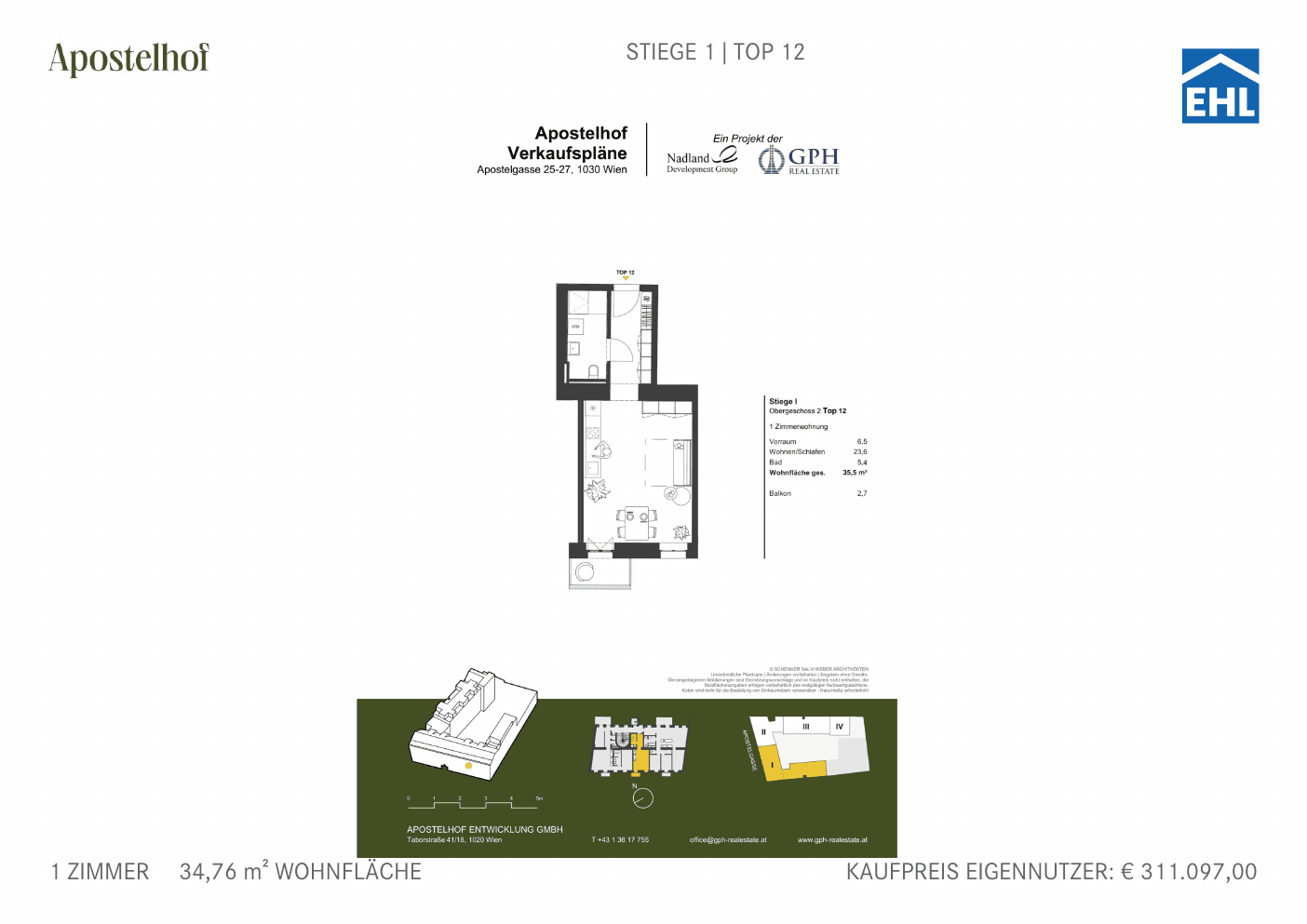 Grundriss Stiege 1 Top 12 — Apostelhof — 1 Zimmer — 34,8 m² — 2nd floor
