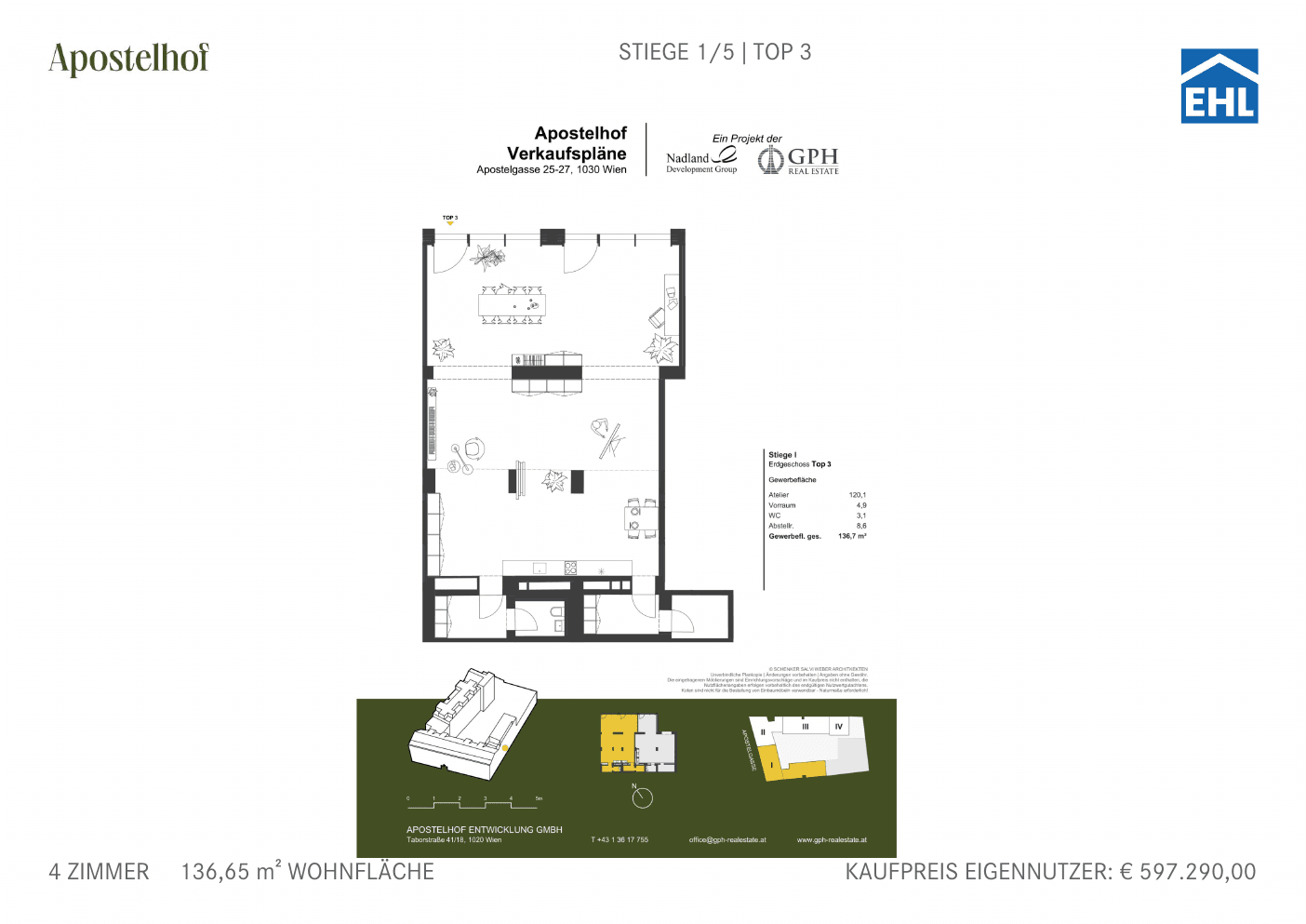Grundriss Stiege 1/5 Top 3 — Apostelhof — 4 Zimmer — 136,7 m² — Ground floor