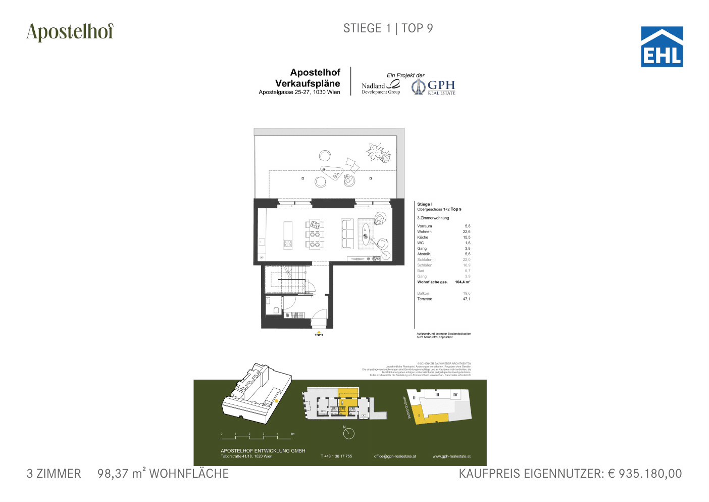 Grundriss Stiege 1 Top 9 — Apostelhof — 3 Zimmer — 98,4 m² — 2nd floor