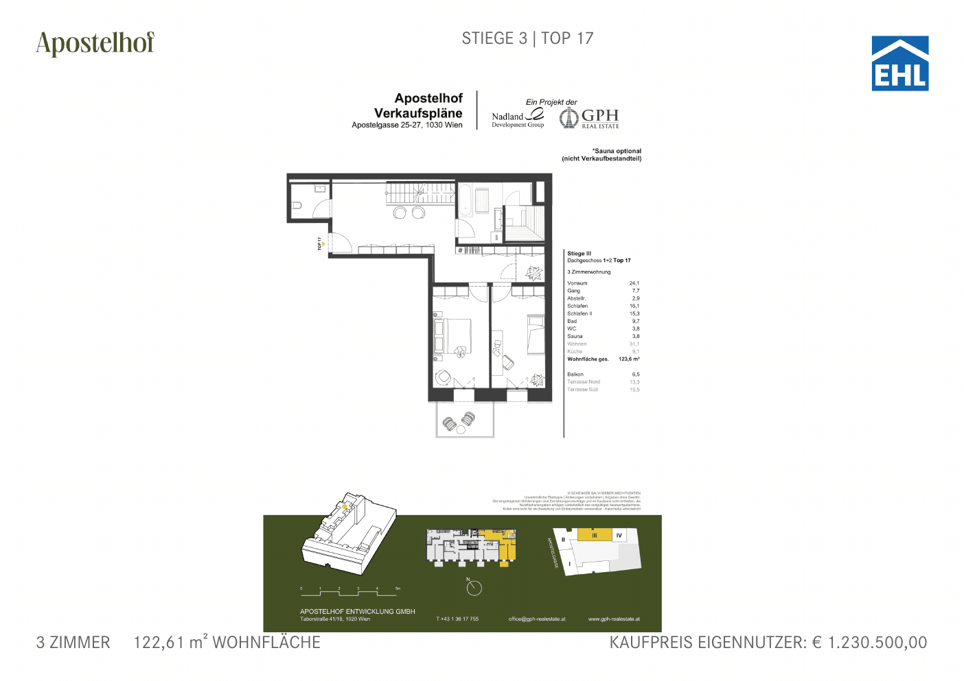 Grundriss Stiege 3 Top 17 — Apostelhof — 3 Zimmer — 122,6 m² — 1st attic floor / 2nd attic floor