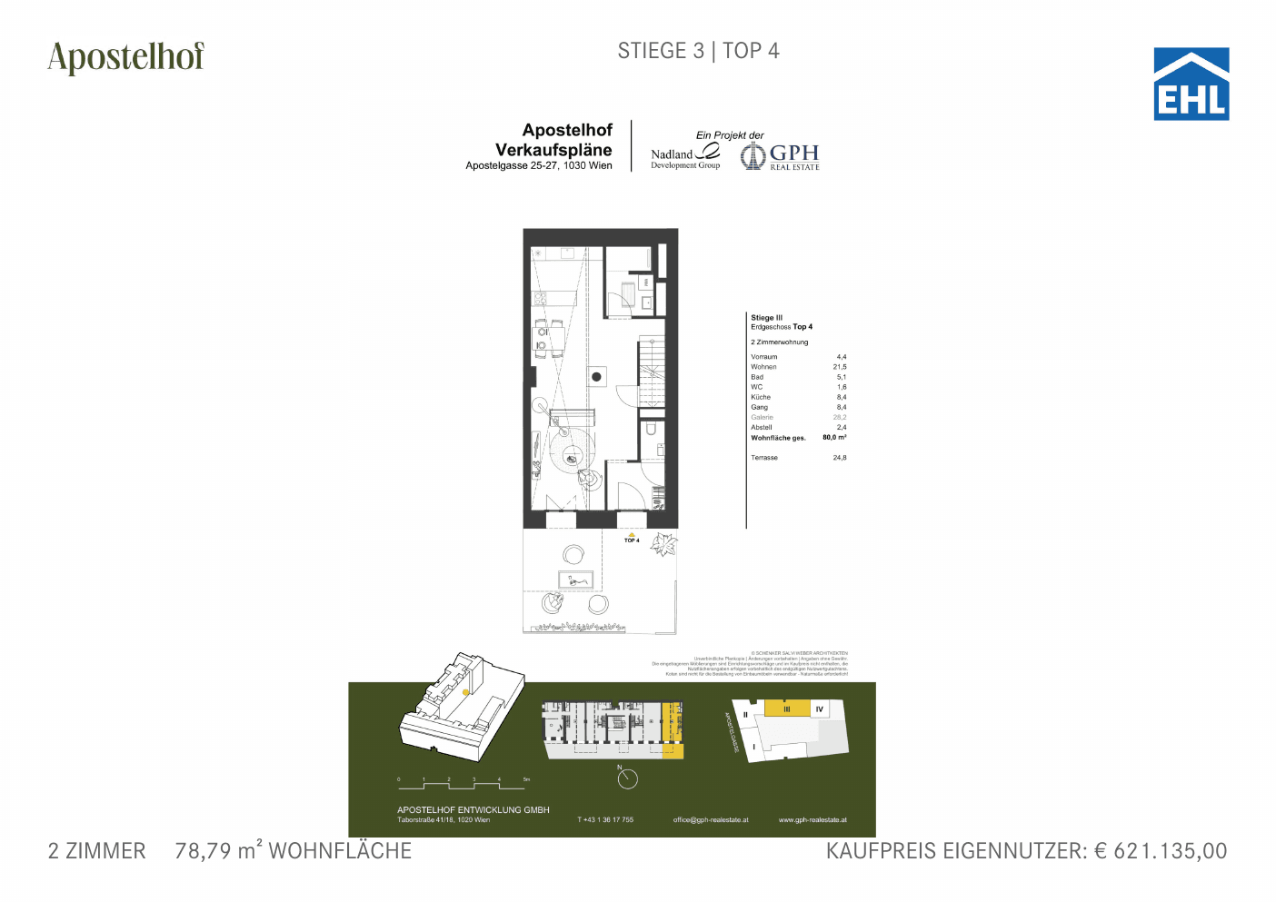 Grundriss Stiege 3 Top 4 — Apostelhof — 2 Zimmer — 78,8 m² — Ground floor / Mezzanine