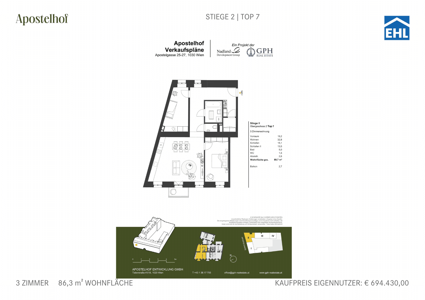 Grundriss Stiege 2 Top 7 — Apostelhof — 3 Zimmer — 86,3 m² — 2nd floor