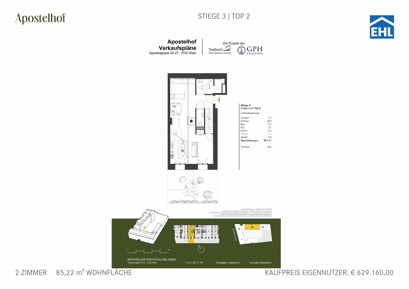 Grundriss Stiege 3 Top 2 — Apostelhof — 2 Zimmer — 85,2 m² — Ground floor / Mezzanine