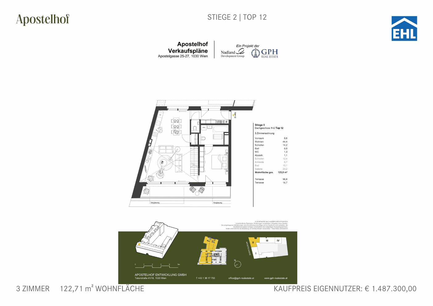 Grundriss Stiege 2 Top 12 — Apostelhof — 3 Zimmer — 122,7 m² — 1st attic floor / 2nd attic floor