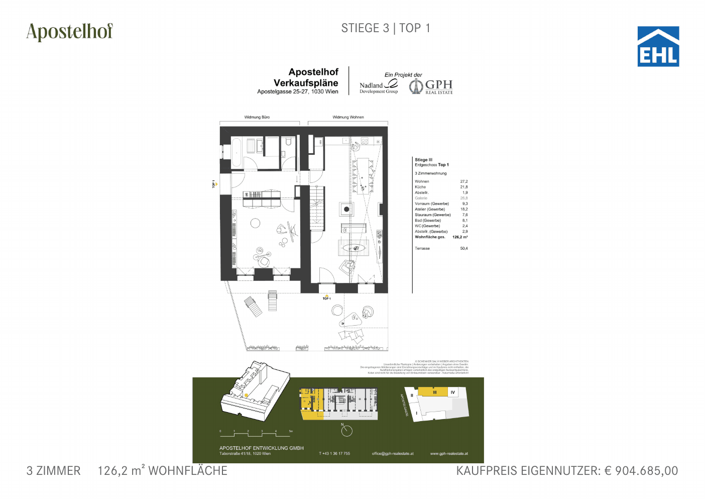 Grundriss Stiege 3 Top 1 — Apostelhof — 3 Zimmer — 126,2 m² — Ground floor / Mezzanine