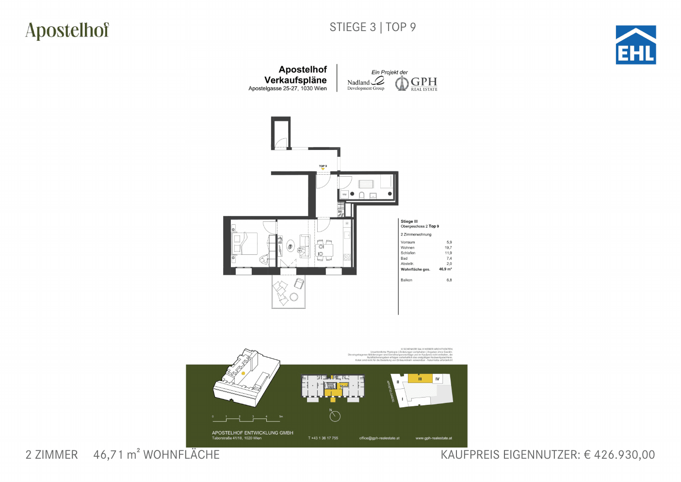 Grundriss Stiege 3 Top 9 — Apostelhof — 2 Zimmer — 46,7 m² — 2nd floor