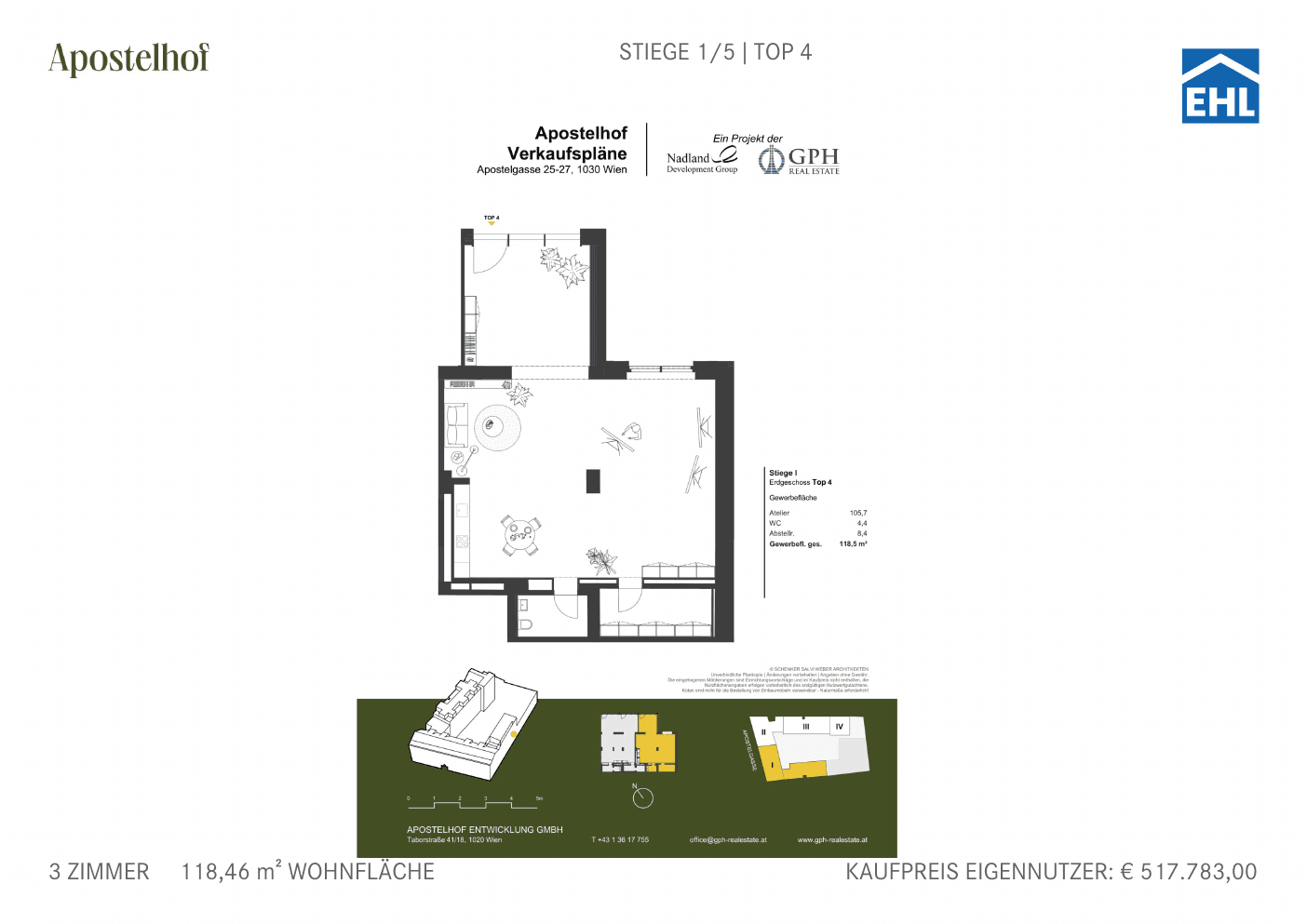 Grundriss Stiege 1/5 Top 4 — Apostelhof — 3 Zimmer — 118,5 m² — Ground floor