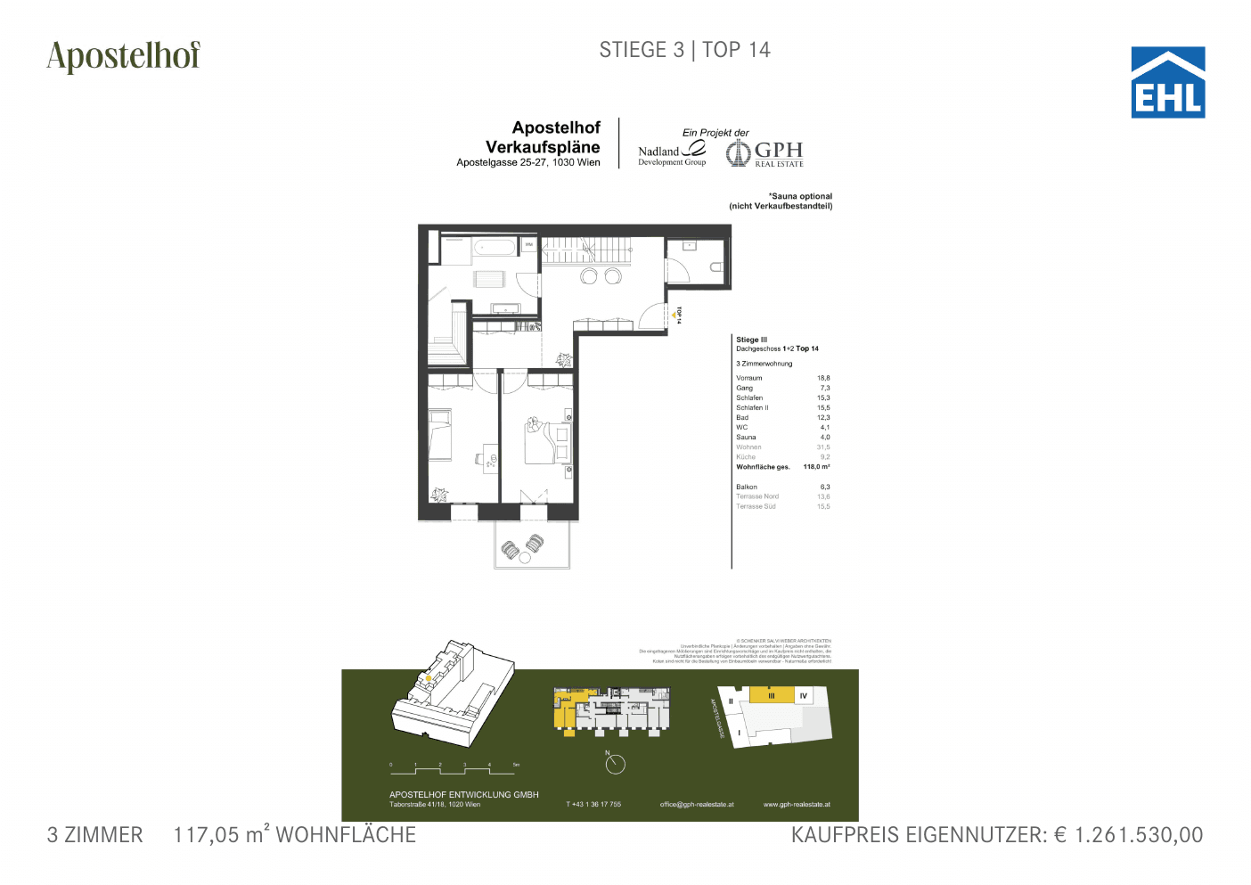 Grundriss Stiege 3 Top 14 — Apostelhof — 3 Zimmer — 117,1 m² — 1st attic floor / 2nd attic floor
