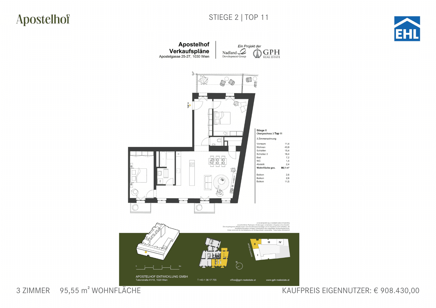 Grundriss Stiege 2 Top 11 — Apostelhof — 3 Zimmer — 95,6 m² — 3rd floor