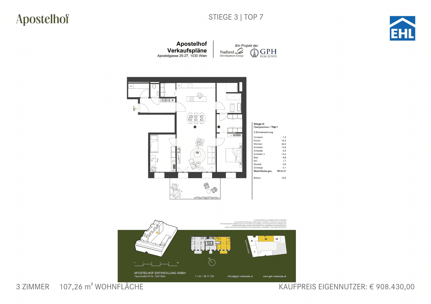 Grundriss Stiege 3 Top 7 — Apostelhof — 3 Zimmer — 107,3 m² — 1st floor