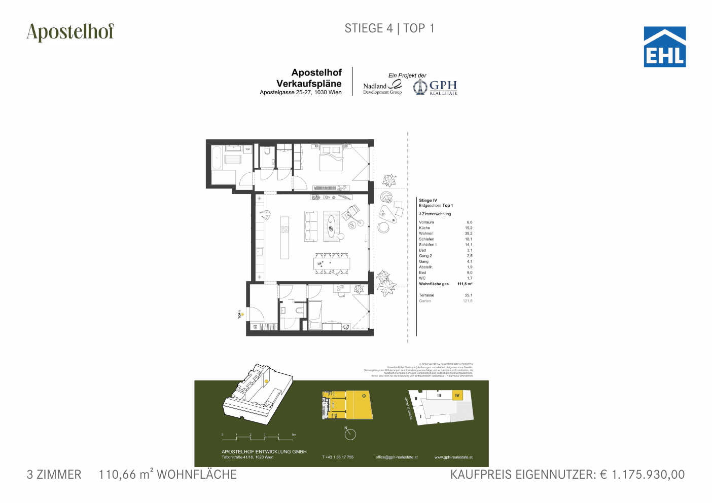 Grundriss Stiege 4 Top 1 — Apostelhof — 3 Zimmer — 110,7 m² — Ground floor