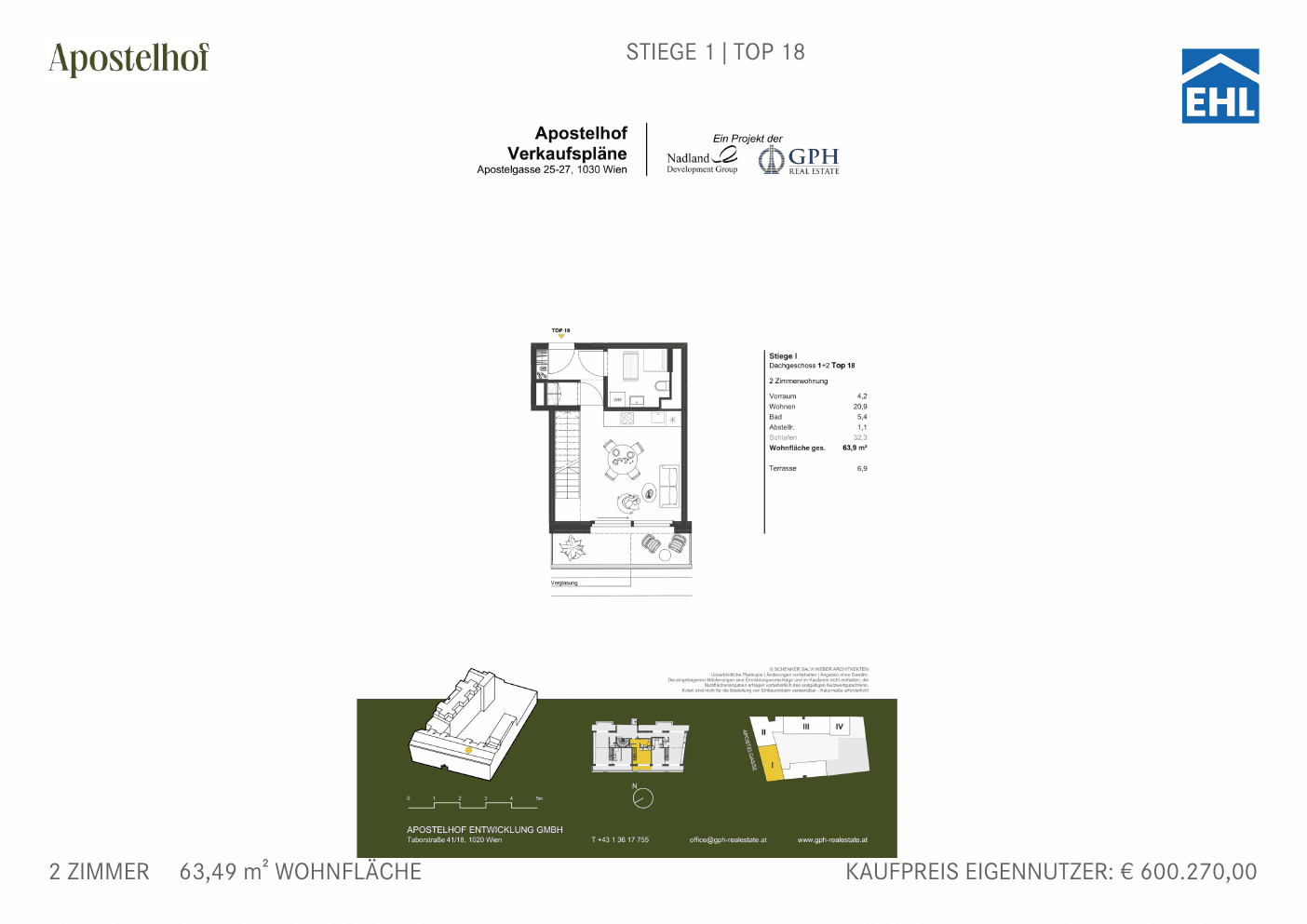 Grundriss Stiege 1 Top 18 — Apostelhof — 2 Zimmer — 63,5 m² — 1st attic floor / 2nd attic floor