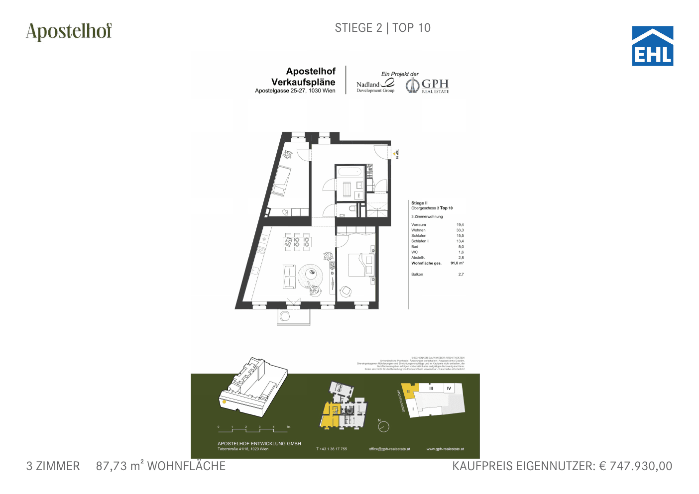 Grundriss Stiege 2 Top 10 — Apostelhof — 3 Zimmer — 87,7 m² — 3rd floor