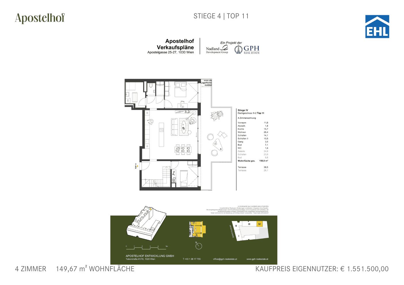 Grundriss Stiege 4 Top 11 — Apostelhof — 4 Zimmer — 149,7 m² — 1st attic floor / 2nd attic floor