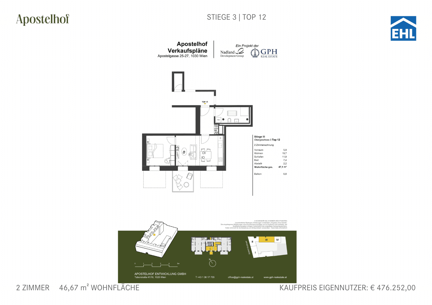 Grundriss Stiege 3 Top 12 — Apostelhof — 2 Zimmer — 46,7 m² — 3rd floor