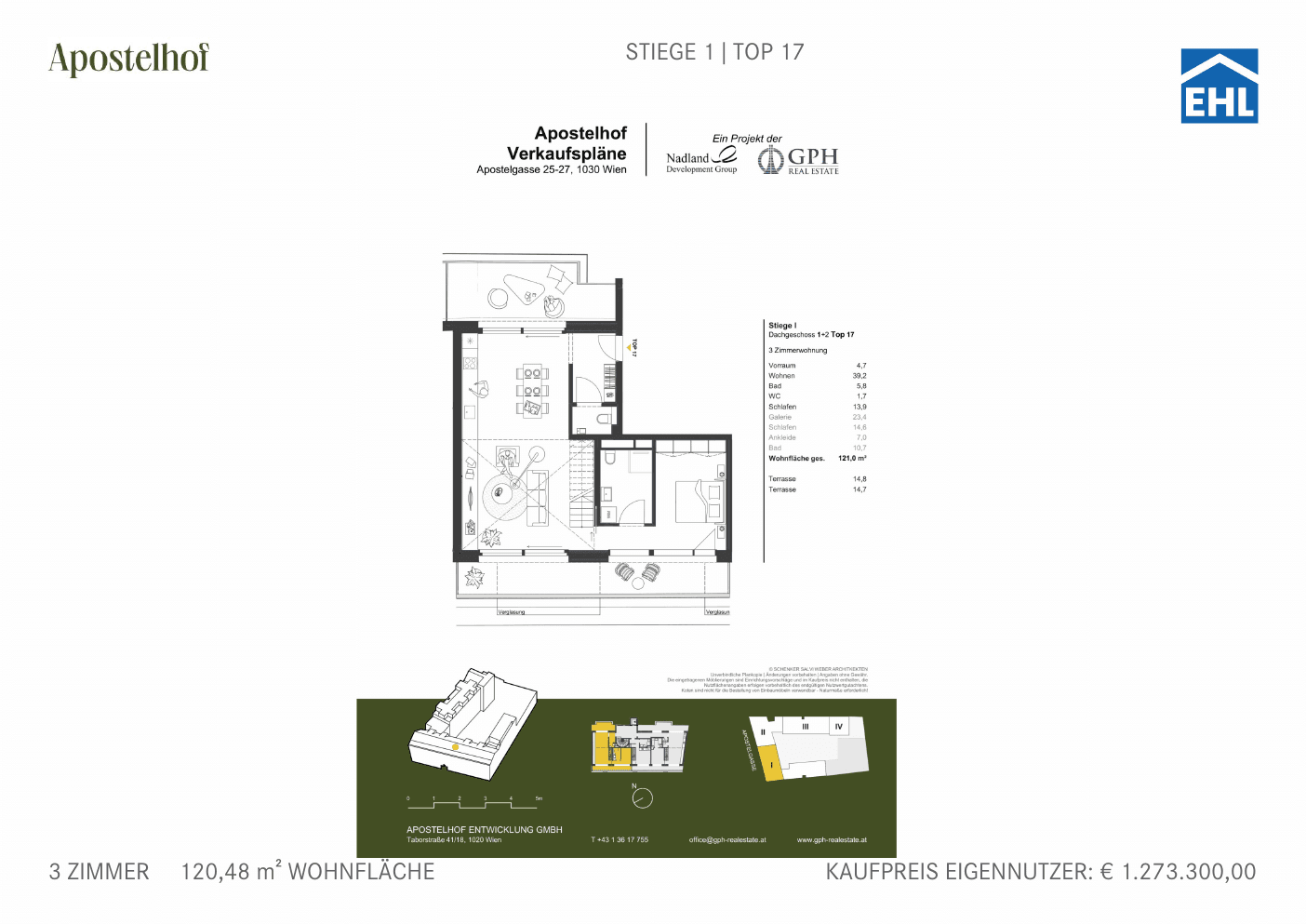 Grundriss Stiege 1 Top 17 — Apostelhof — 3 Zimmer — 120,5 m² — 1st attic floor / 2nd attic floor