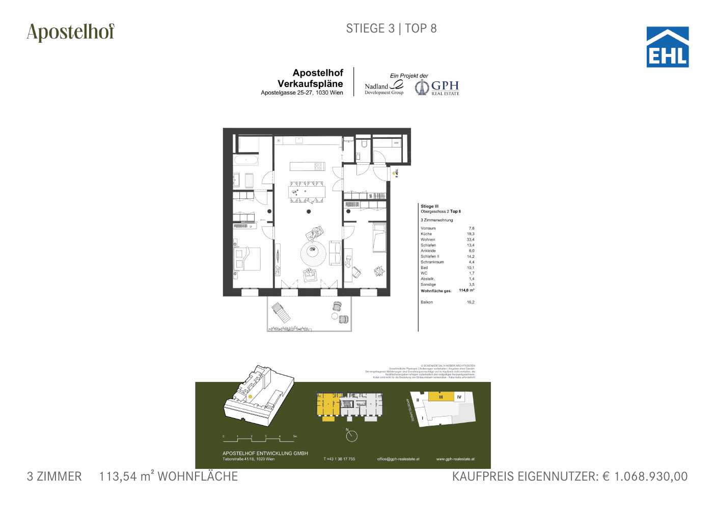 Grundriss Stiege 3 Top 8 — Apostelhof — 3 Zimmer — 113,5 m² — 2nd floor