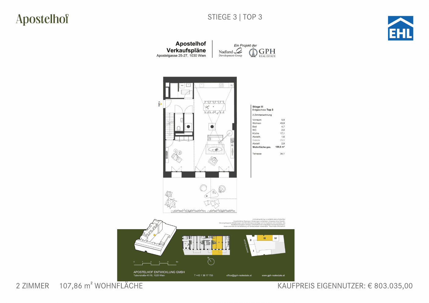 Grundriss Stiege 3 Top 3 — Apostelhof — 2 Zimmer — 107,9 m² — Ground floor / Mezzanine