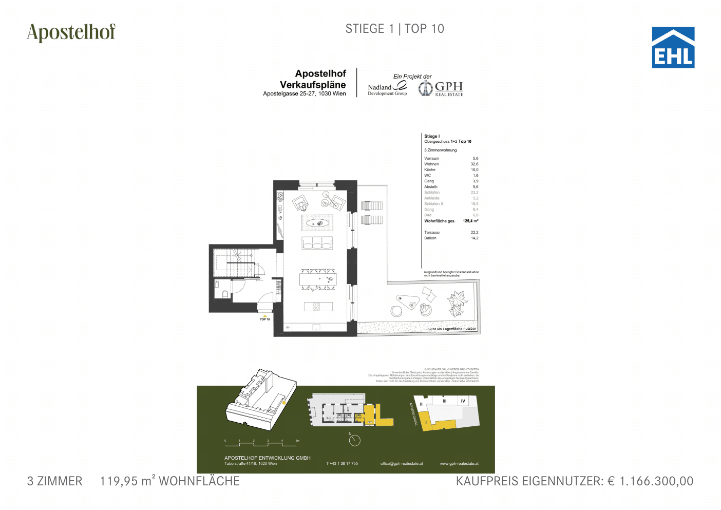 Grundriss Stiege 1 Top 10 — Apostelhof — 3 Zimmer — 120 m² — 2nd floor
