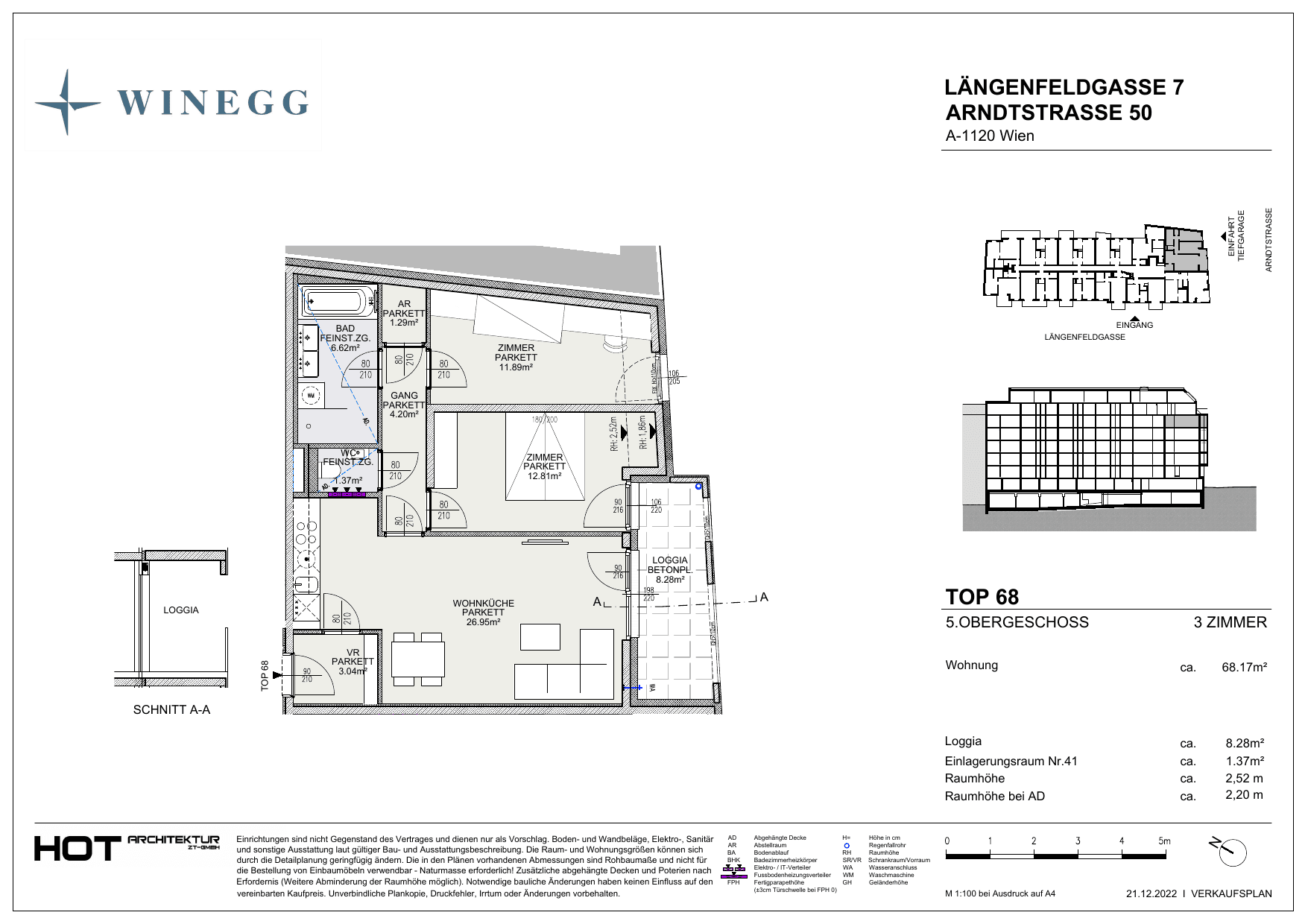 Grundriss Top 68 — Arndtstraße 50 — 3 Zimmer — 68,2 m² — 5th floor — O/S