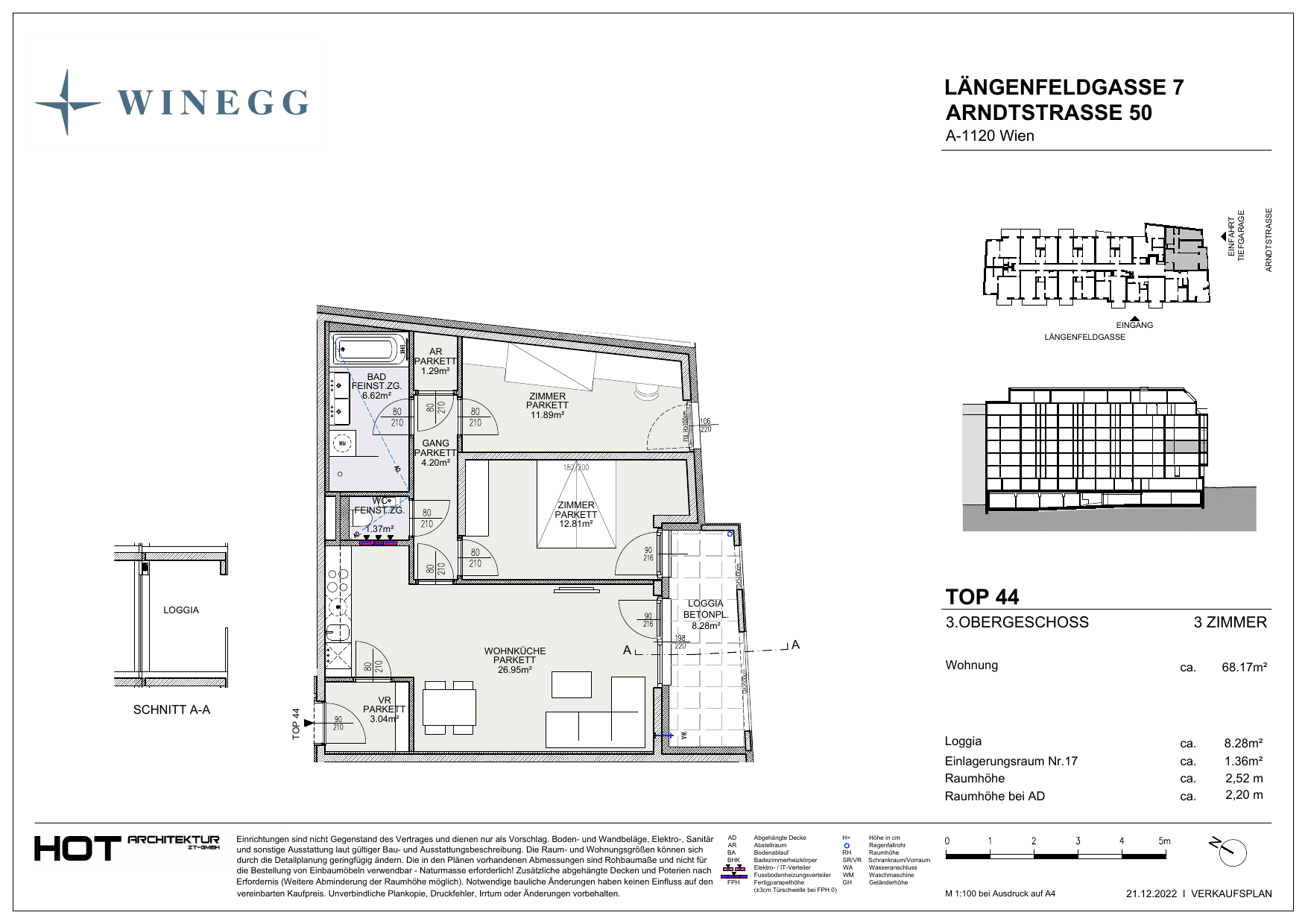 Grundriss Top 44 — Arndtstraße 50 — 3 Zimmer — 68,1 m² — 3rd floor — O/S