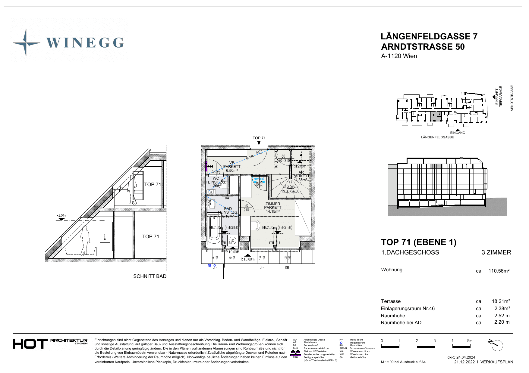 Grundriss Top 71 — Arndtstraße 50 — 3 Zimmer — 110,5 m² — 1st attic floor / 2nd attic floor — O — Grundriss 1/2