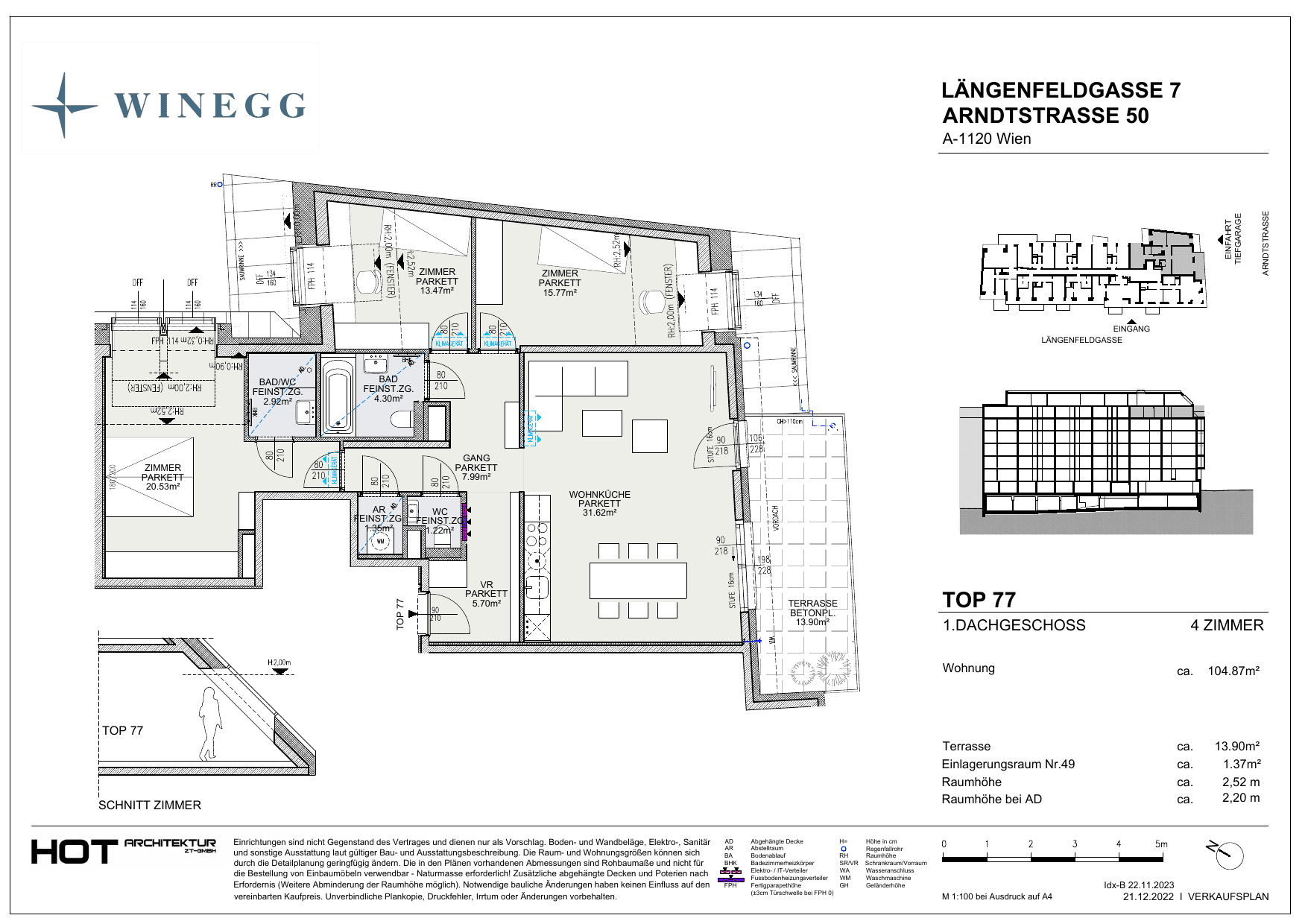 Grundriss Top 77 — Arndtstraße 50 — 4 Zimmer — 104,8 m² — 1st attic floor — N/S