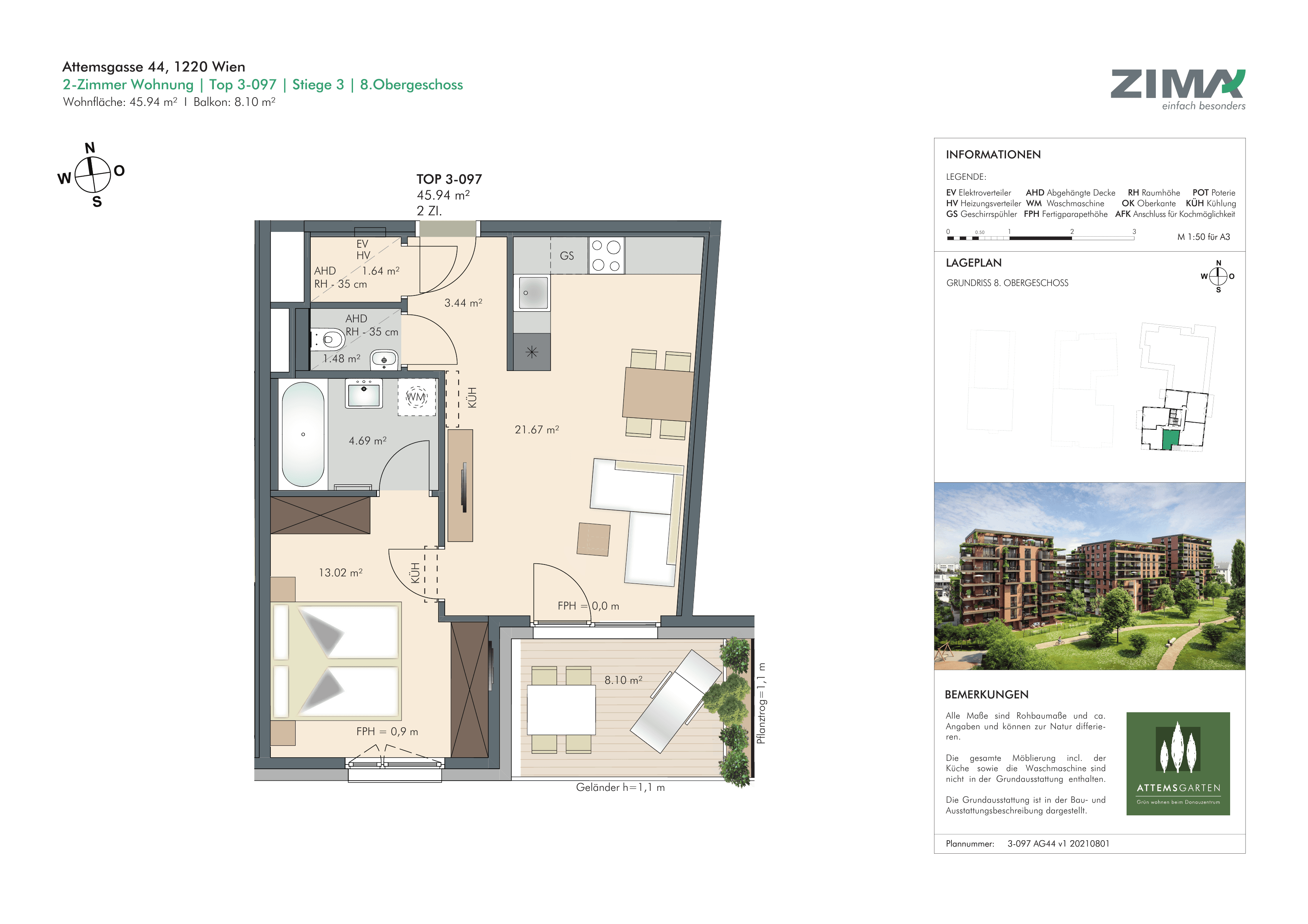 Grundriss 3-097 — Attemsgarten — 2 Zimmer — 46 m² — 8th floor — Sonderkonditionen: ab EUR 950,- monatlich