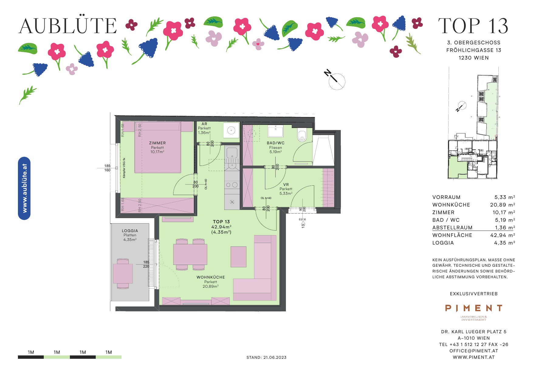 Grundriss Top 13 — Aublüte — 2 Zimmer — 42,9 m²