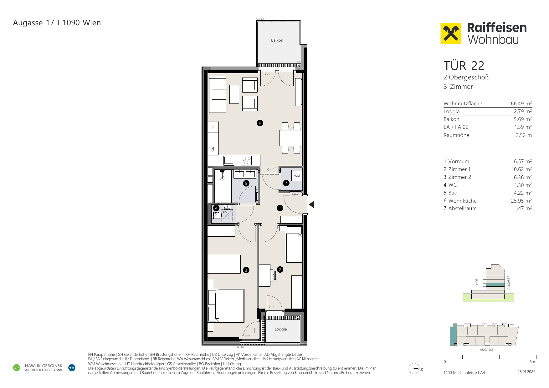Grundriss Top 22 — Augasse 17 — 3 Zimmer — 66,5 m² — 2nd floor