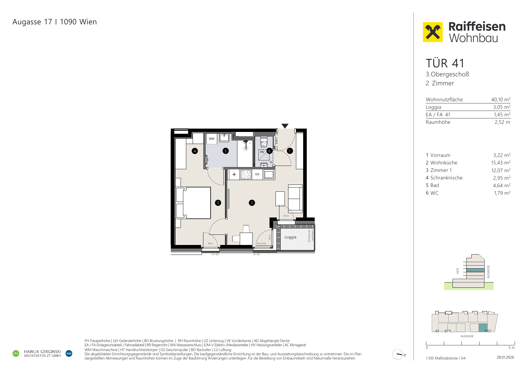 Grundriss Top 41 — Augasse 17 — 2 Zimmer — 40,1 m² — 3rd floor