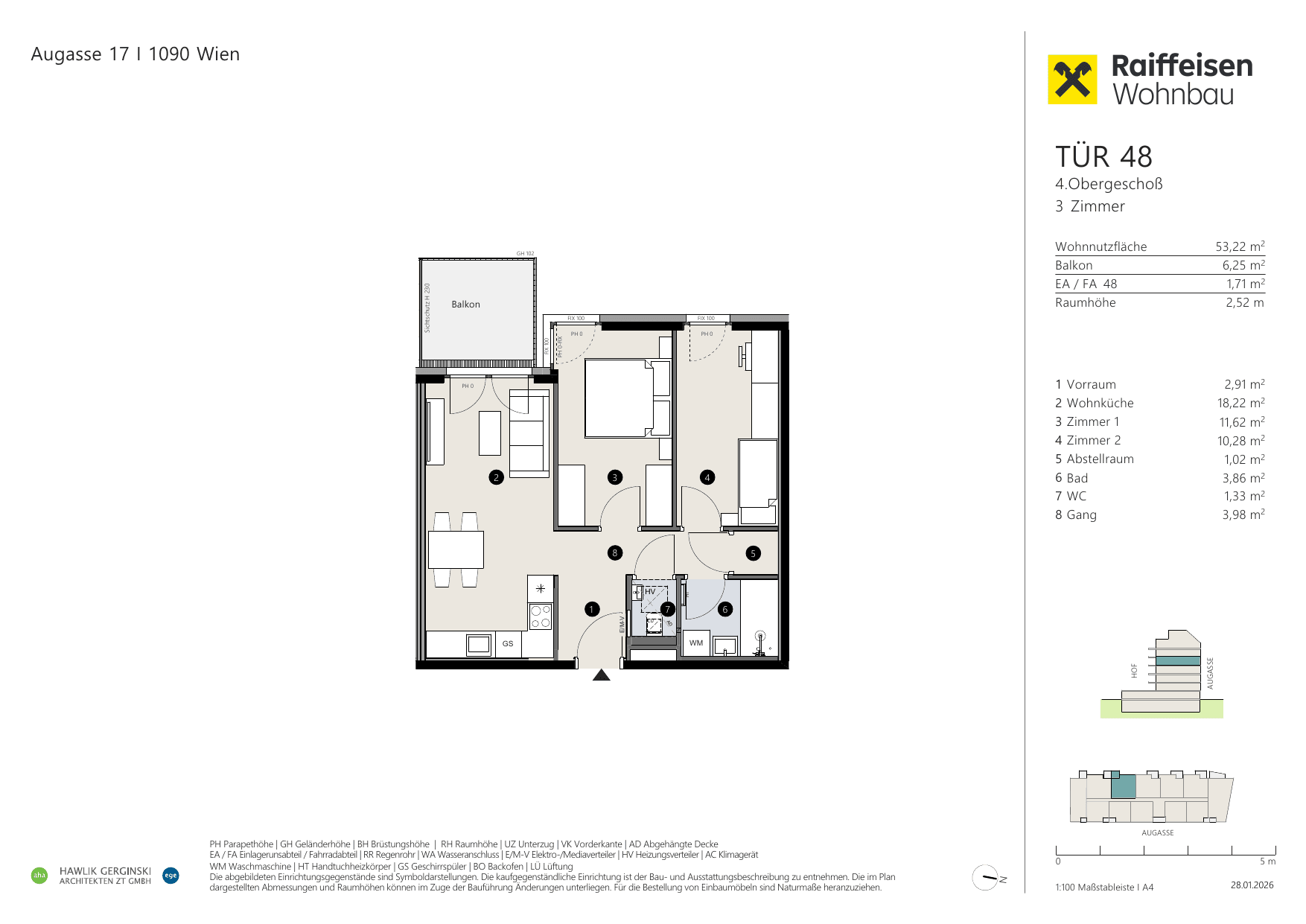 Grundriss Top 48 — Augasse 17 — 3 Zimmer — 53,2 m² — 4th floor